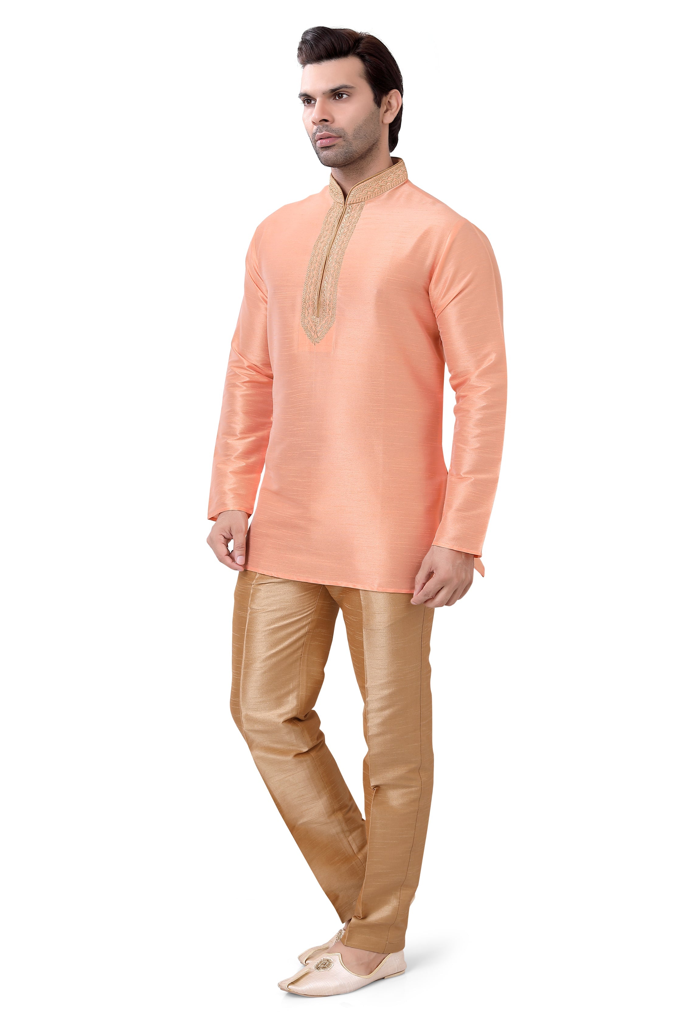 Banarasi Dupion Silk Short Kurta with embroidery in Peach Color