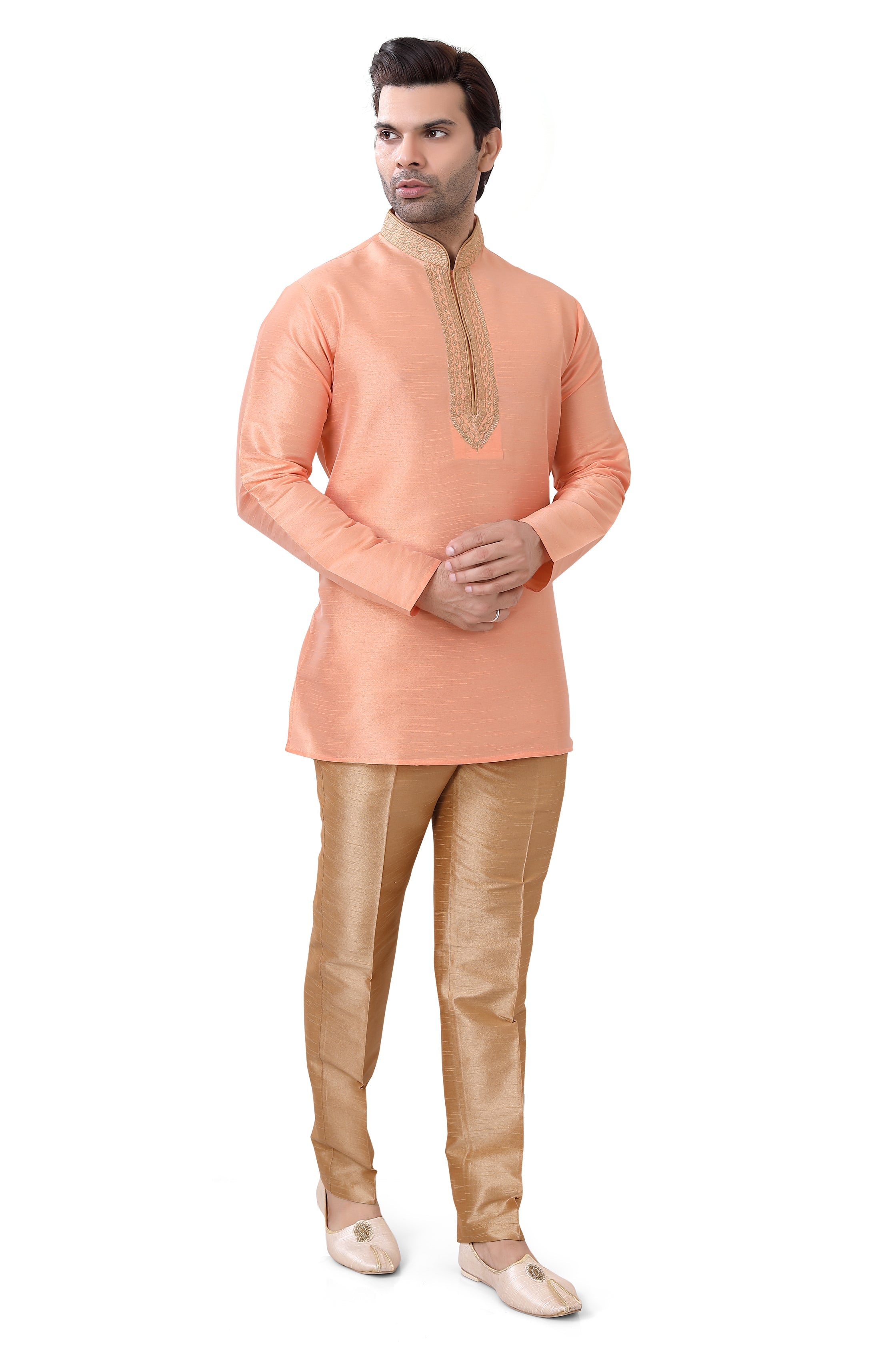 Banarasi Dupion Silk Short Kurta with embroidery in Peach Color