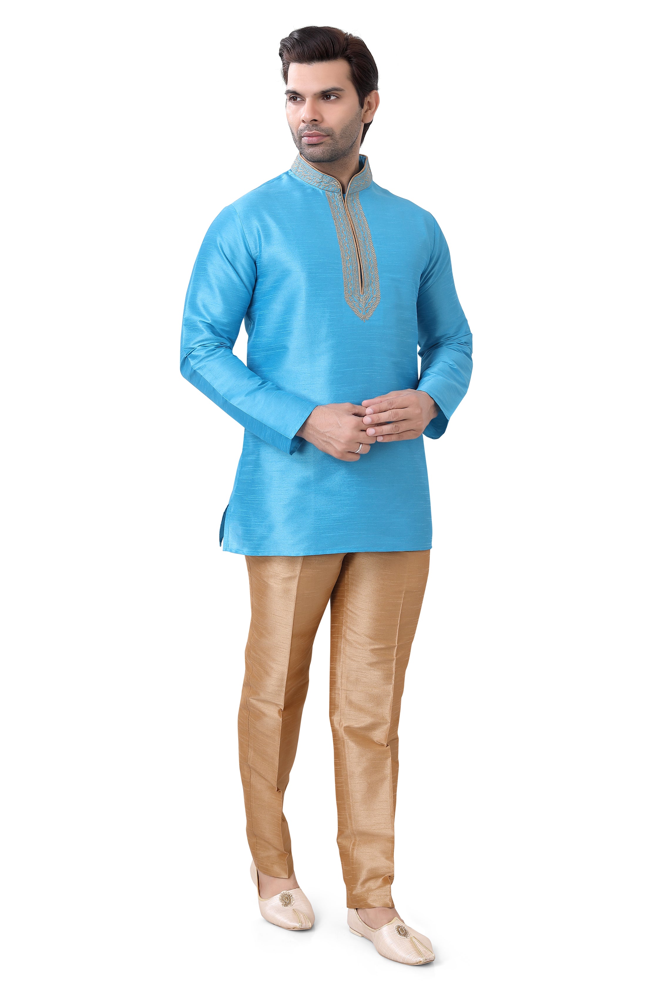 Banarasi Dupion Silk Short Kurta with embroidery in Light Blue color