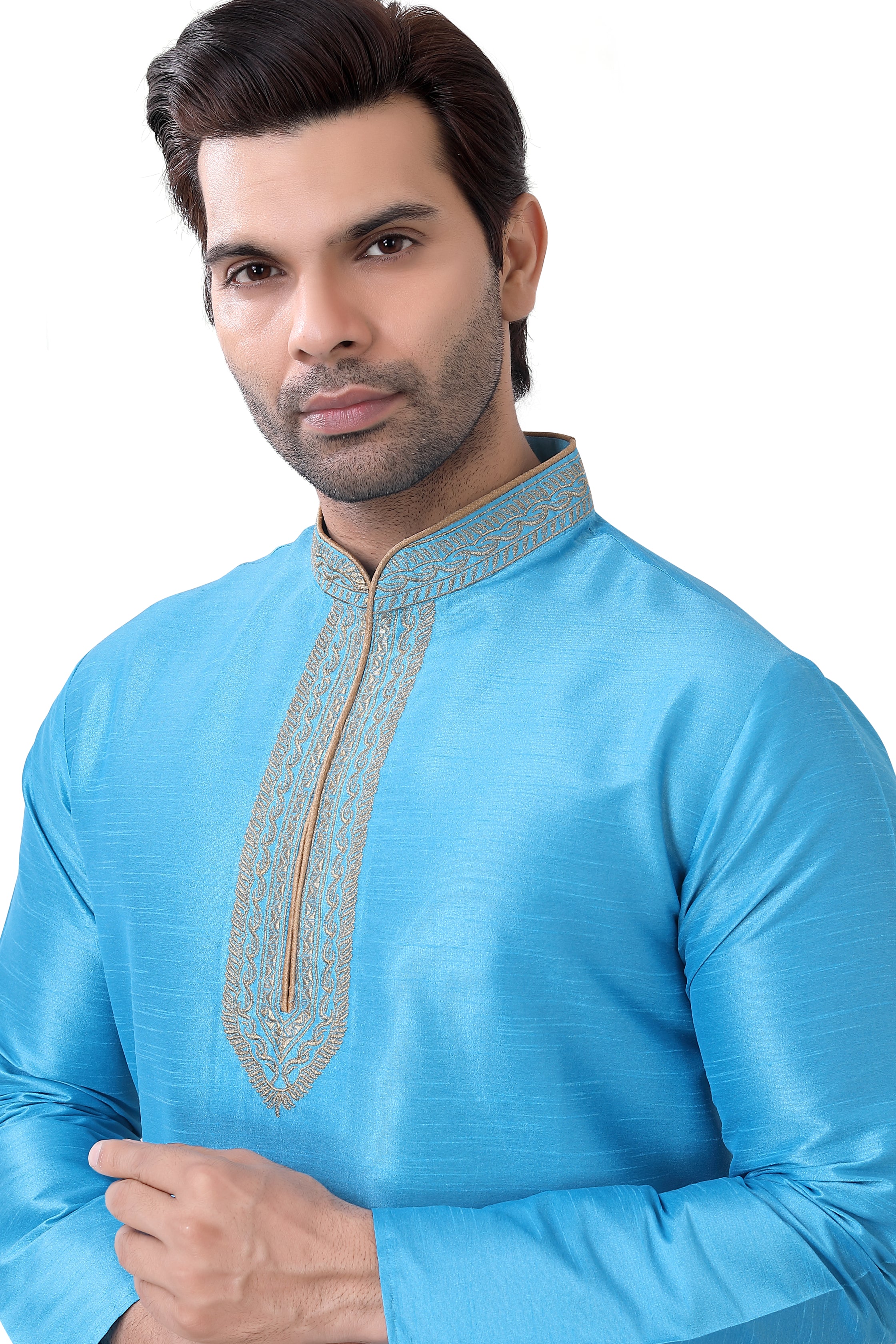 Banarasi Dupion Silk Short Kurta with embroidery in Light Blue color - Premium kurta pajama from Dapper Ethnic - Just $49! Shop now at Dulhan Exclusives