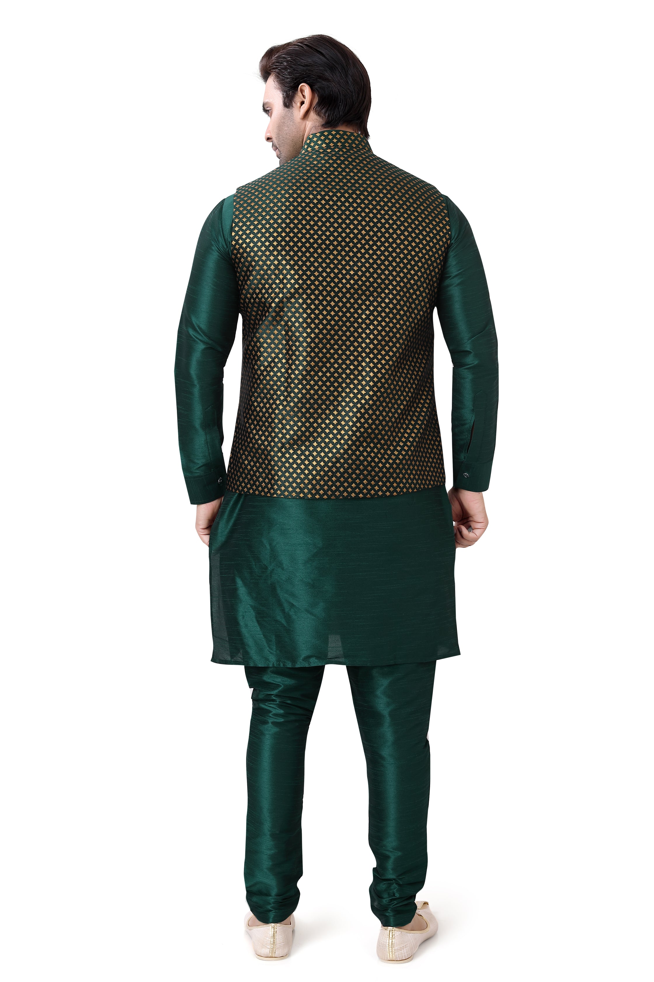 Bottle Green Color Banarasi Vest Coat with  Kurta Pajama set - Premium 3 pieces Vest coat suit from Dapper Ethnic - Just $139! Shop now at Dulhan Exclusives