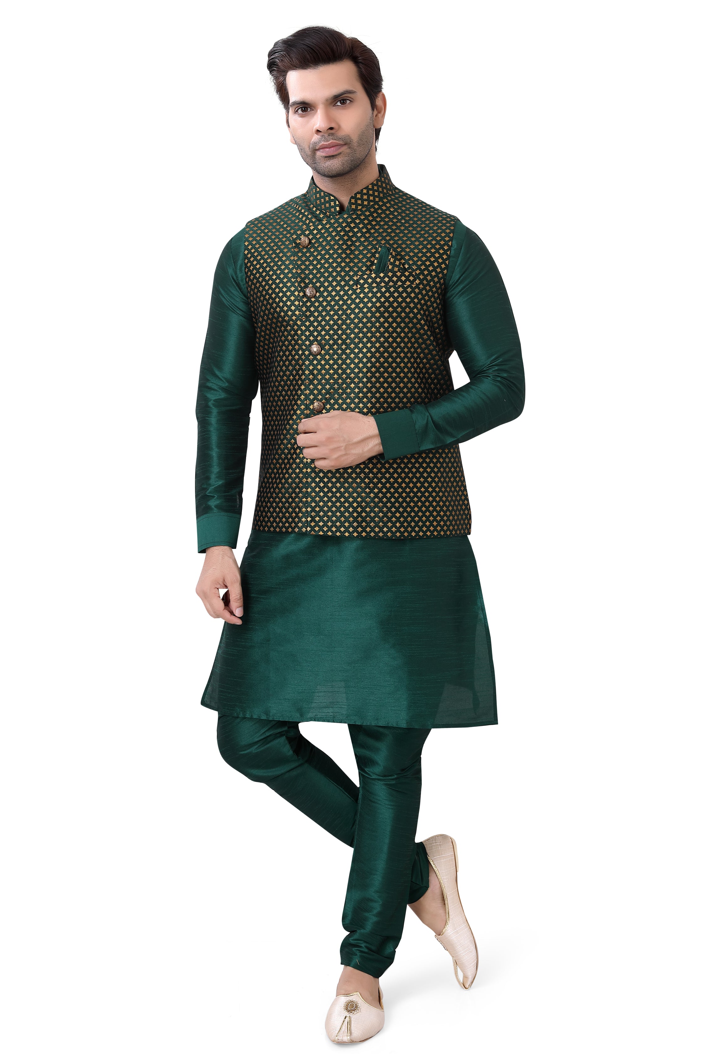 Bottle Green Color Banarasi Vest Coat with  Kurta Pajama set