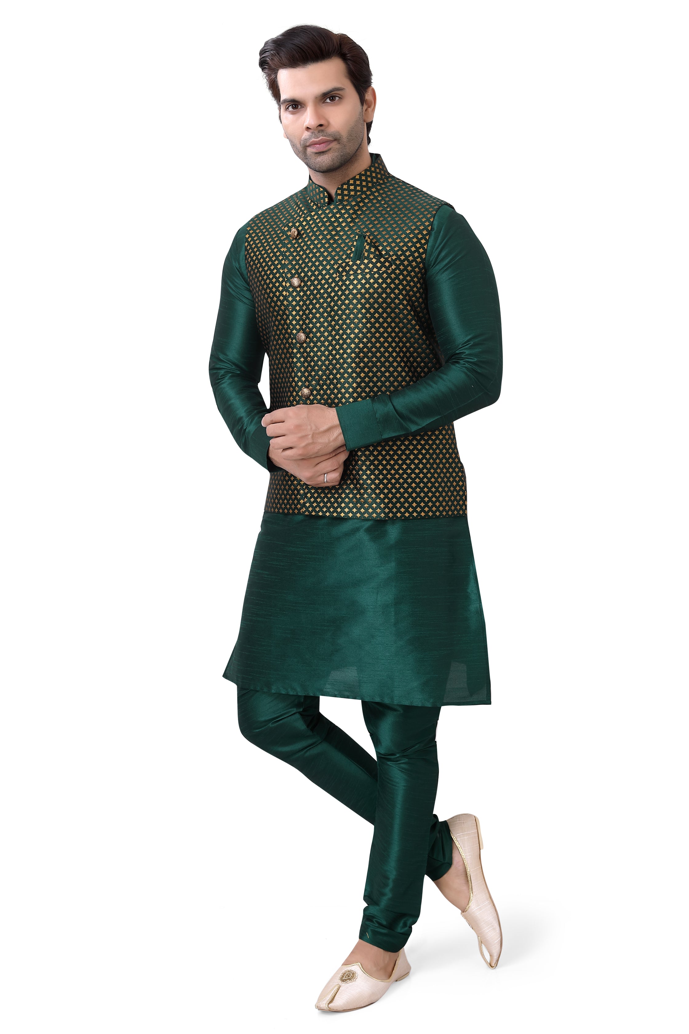 Bottle Green Color Banarasi Vest Coat with  Kurta Pajama set