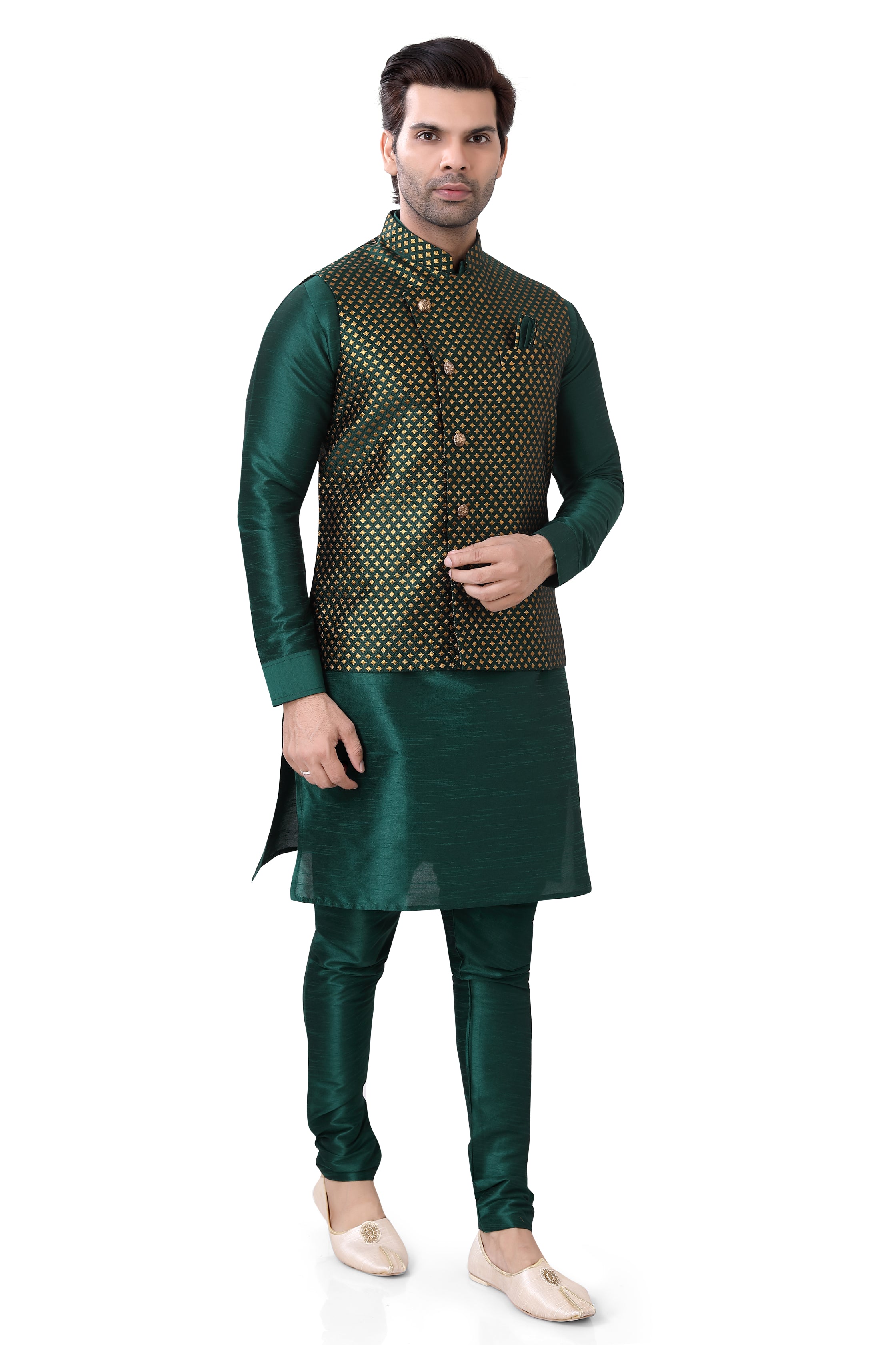 Bottle Green Color Banarasi Vest Coat with  Kurta Pajama set