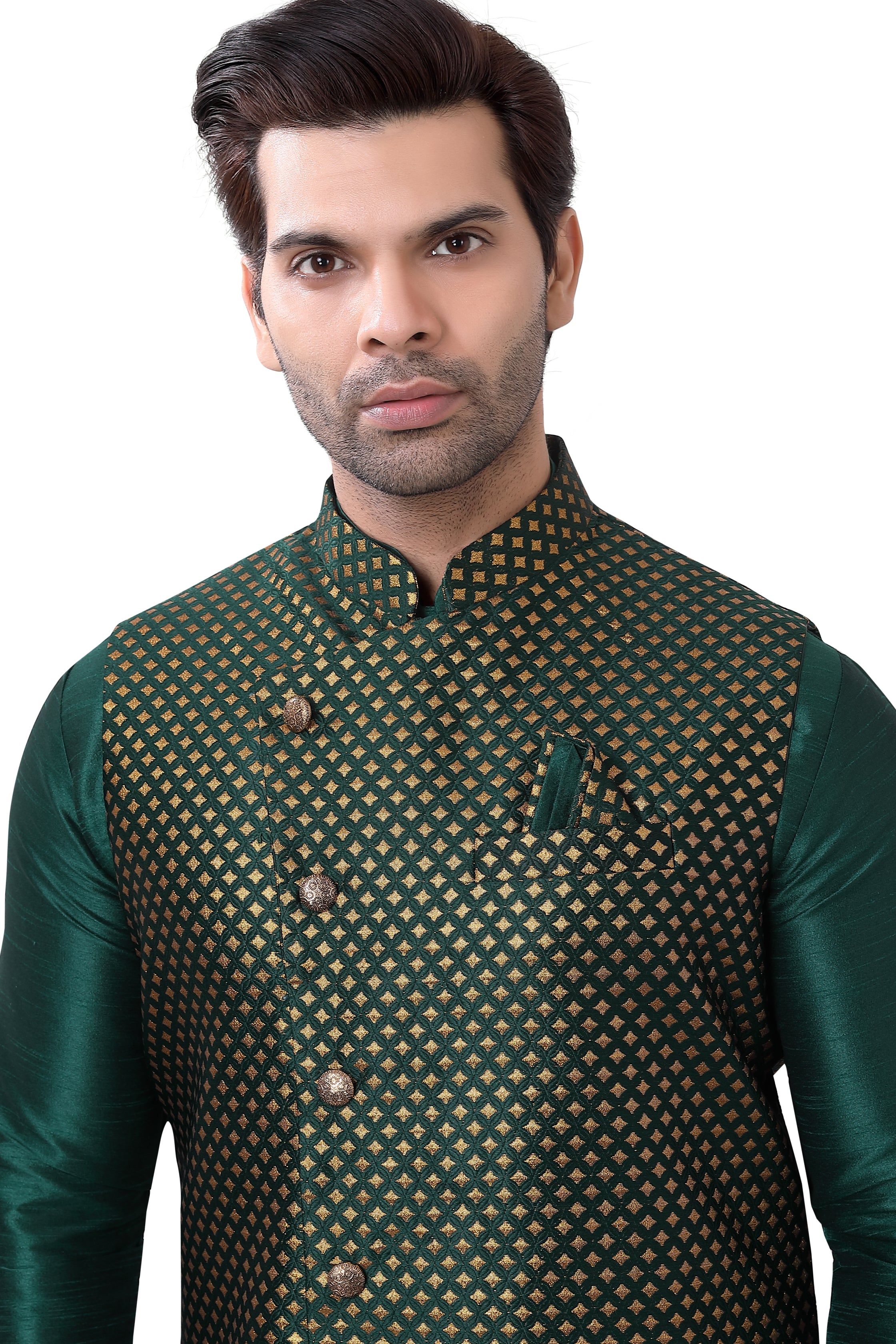 Bottle Green Color Banarasi Vest Coat with  Kurta Pajama set - Premium 3 pieces Vest coat suit from Dapper Ethnic - Just $139! Shop now at Dulhan Exclusives