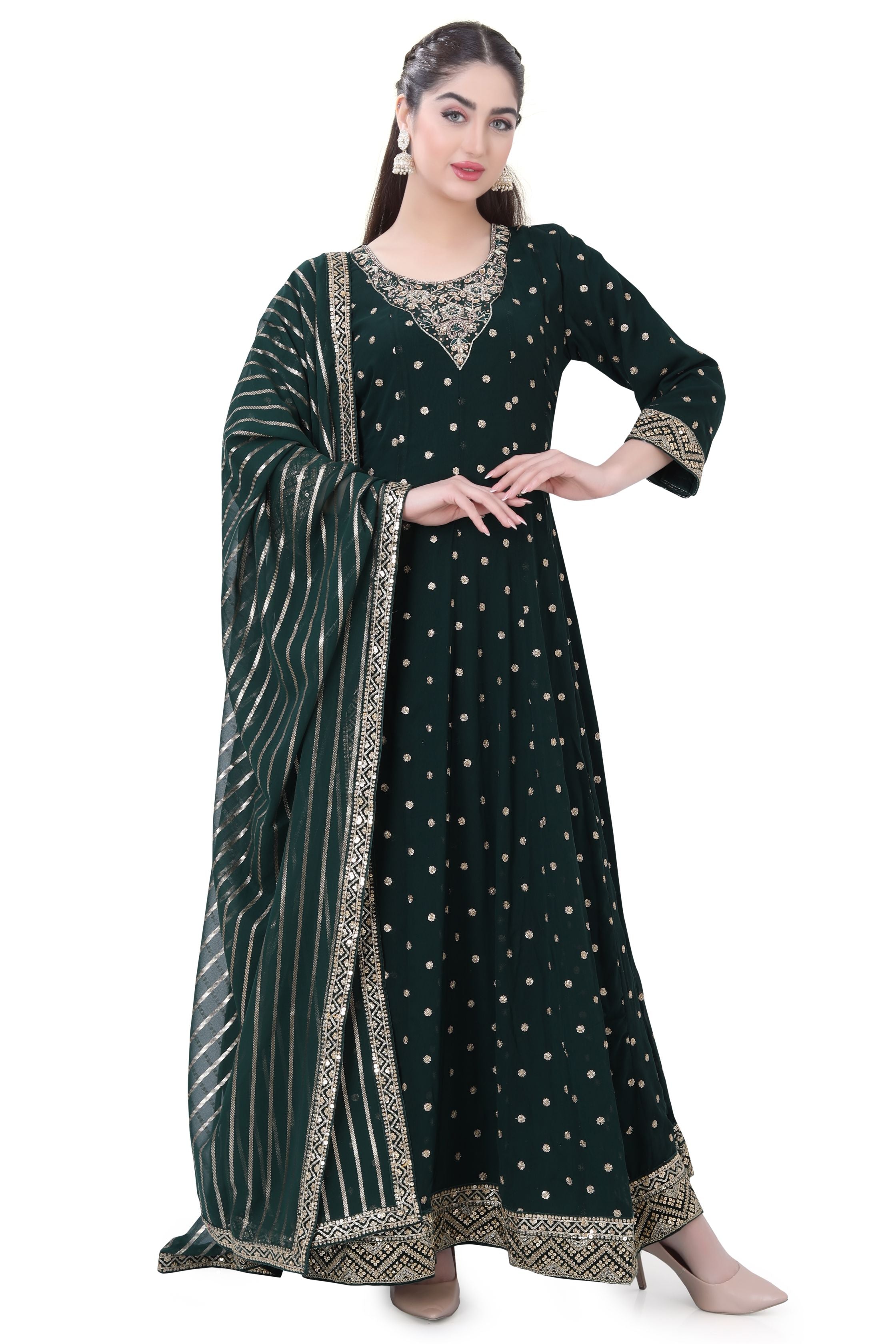 Green Goergette Anarkali Dress - Premium Festive Wear from Dulhan Exclusives - Just $199! Shop now at Dulhan Exclusives