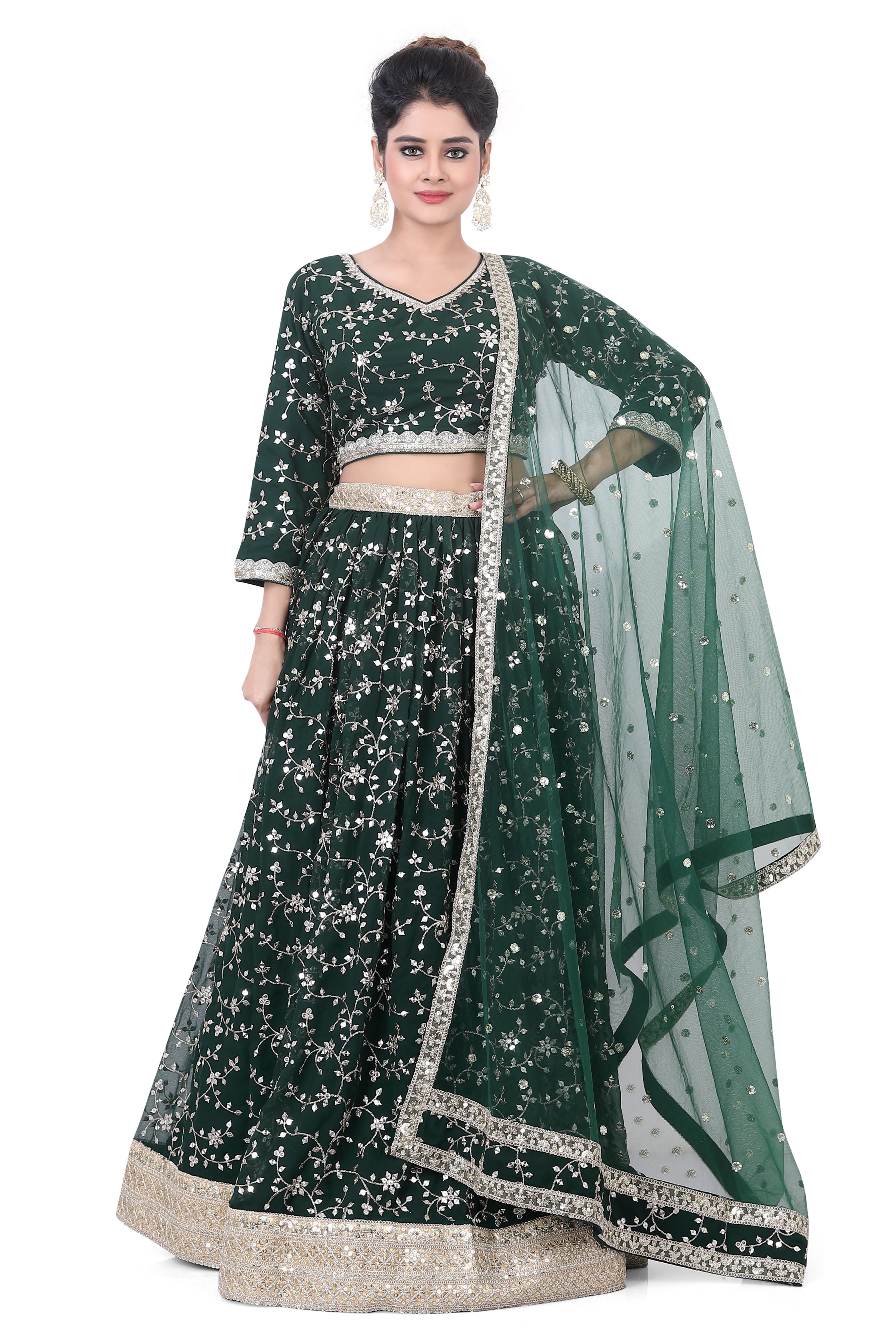 Bottle Green Georgette Partywear Embroidered Lehenga Choli with sequin work-LC3046