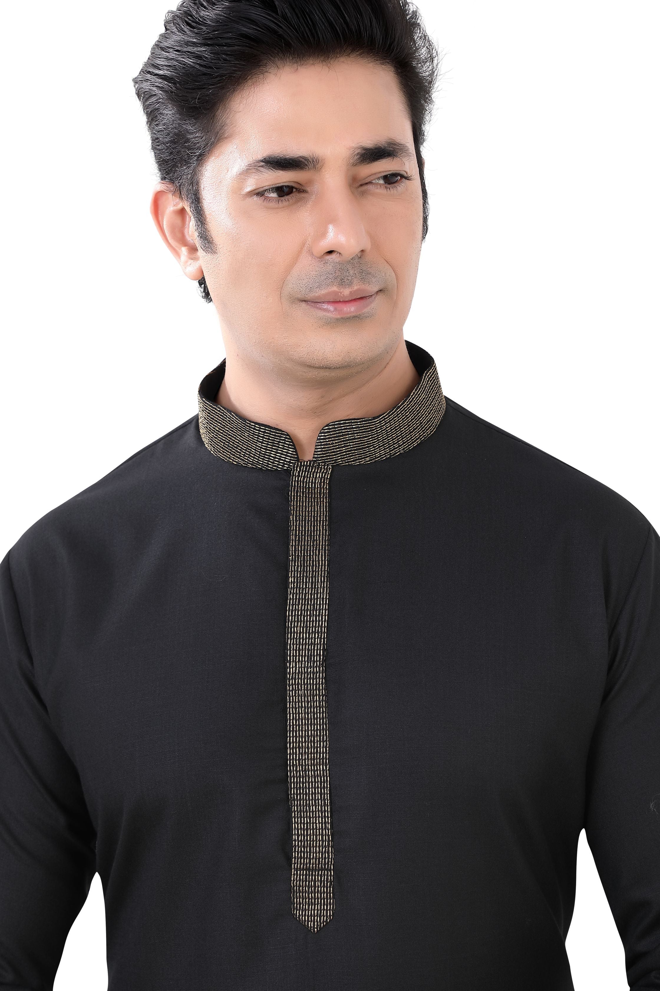 Cotton Anchor embroidery Kurta Pajama in Black Colour