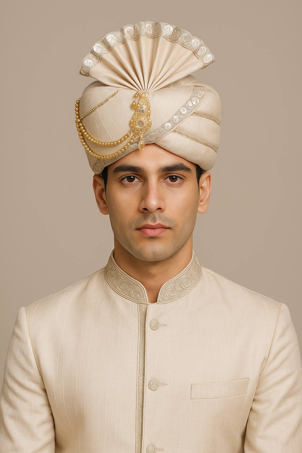 Traditional Royal Turban – Cream Premium Groom Pagri for Weddings & Barati Safa (DN-3) - Premium pagdi from Dapper Ethnic - Just $60! Shop now at Dulhan Exclusives
