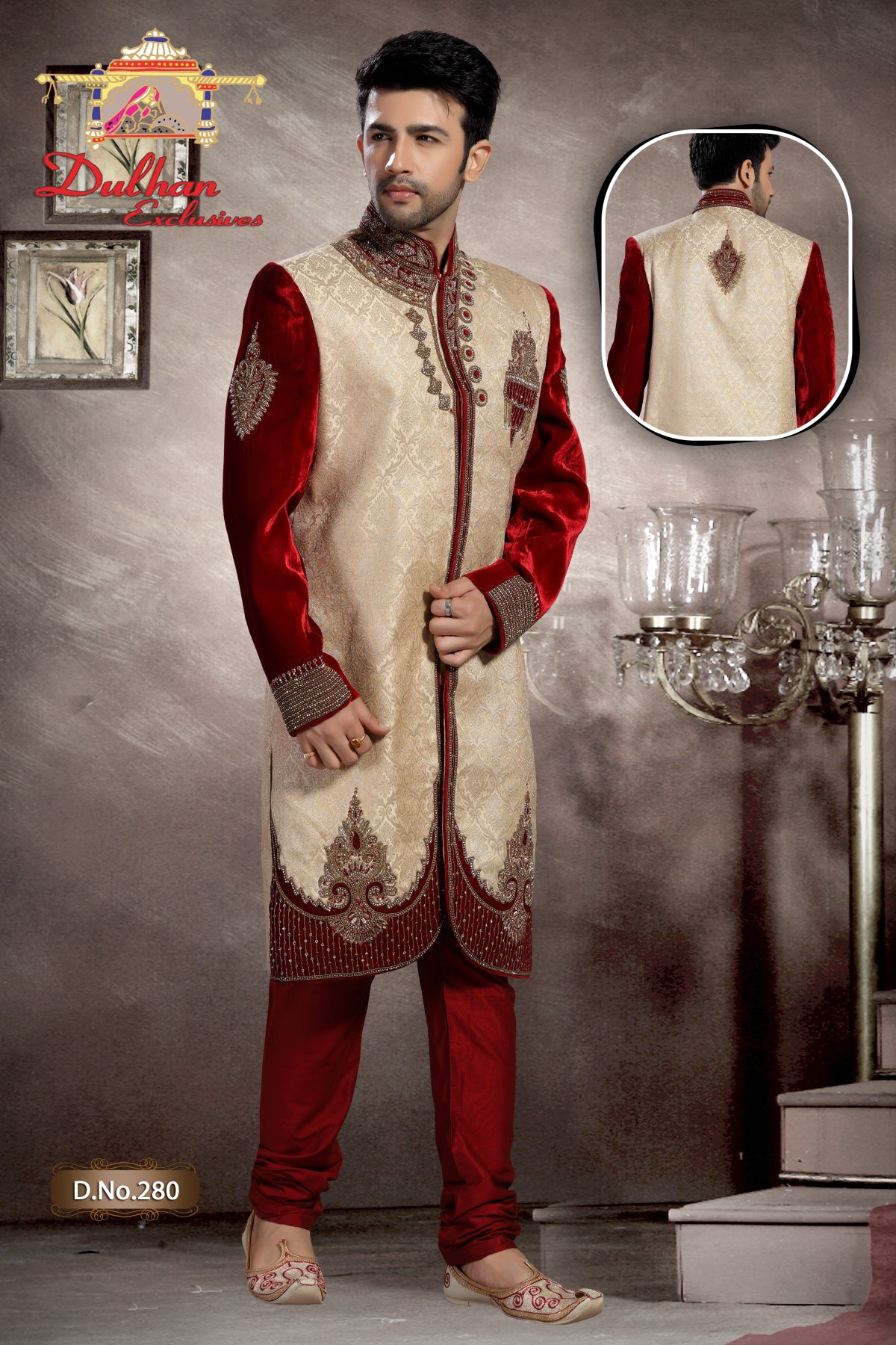 Beige brocade with contrast velvet Sherwani D NO. M-280-D-6 - Premium Sherwani from Dapper Ethnic - Just $935! Shop now at Dulhan Exclusives