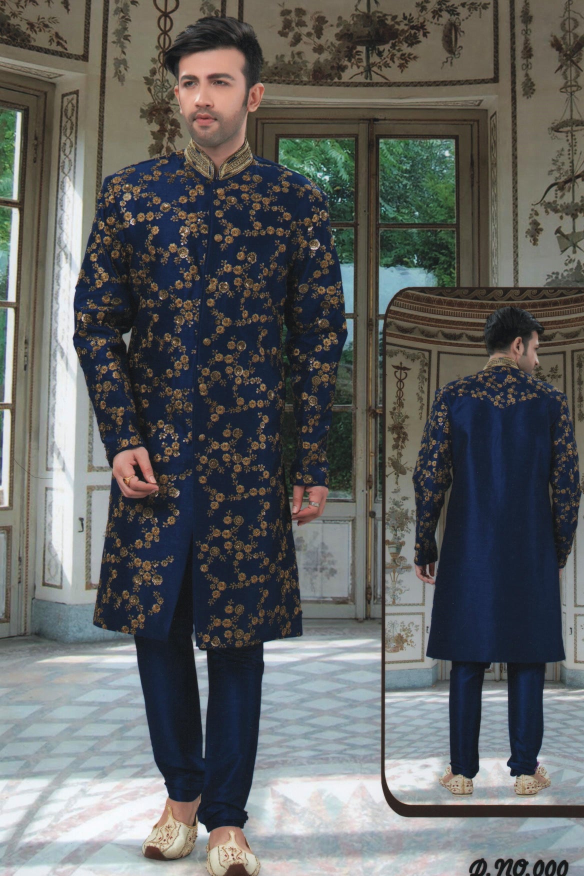 Navy Blue Silk Sherwani D NO. DE-106