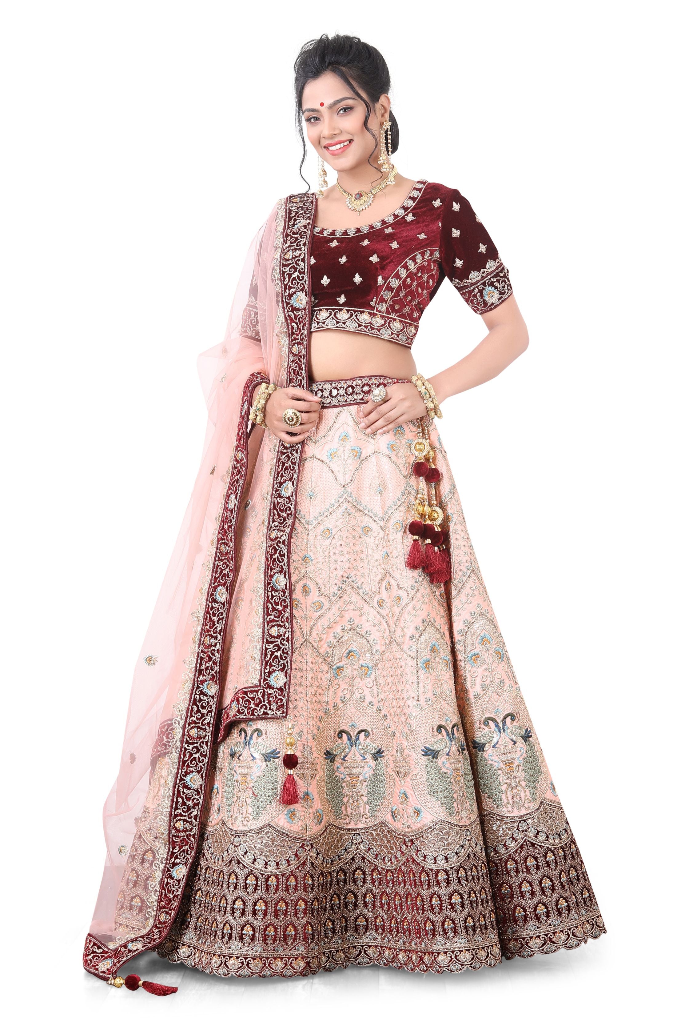 Silk Bridal Lehenga Choli in Maroon with Light pink Color-D No.5