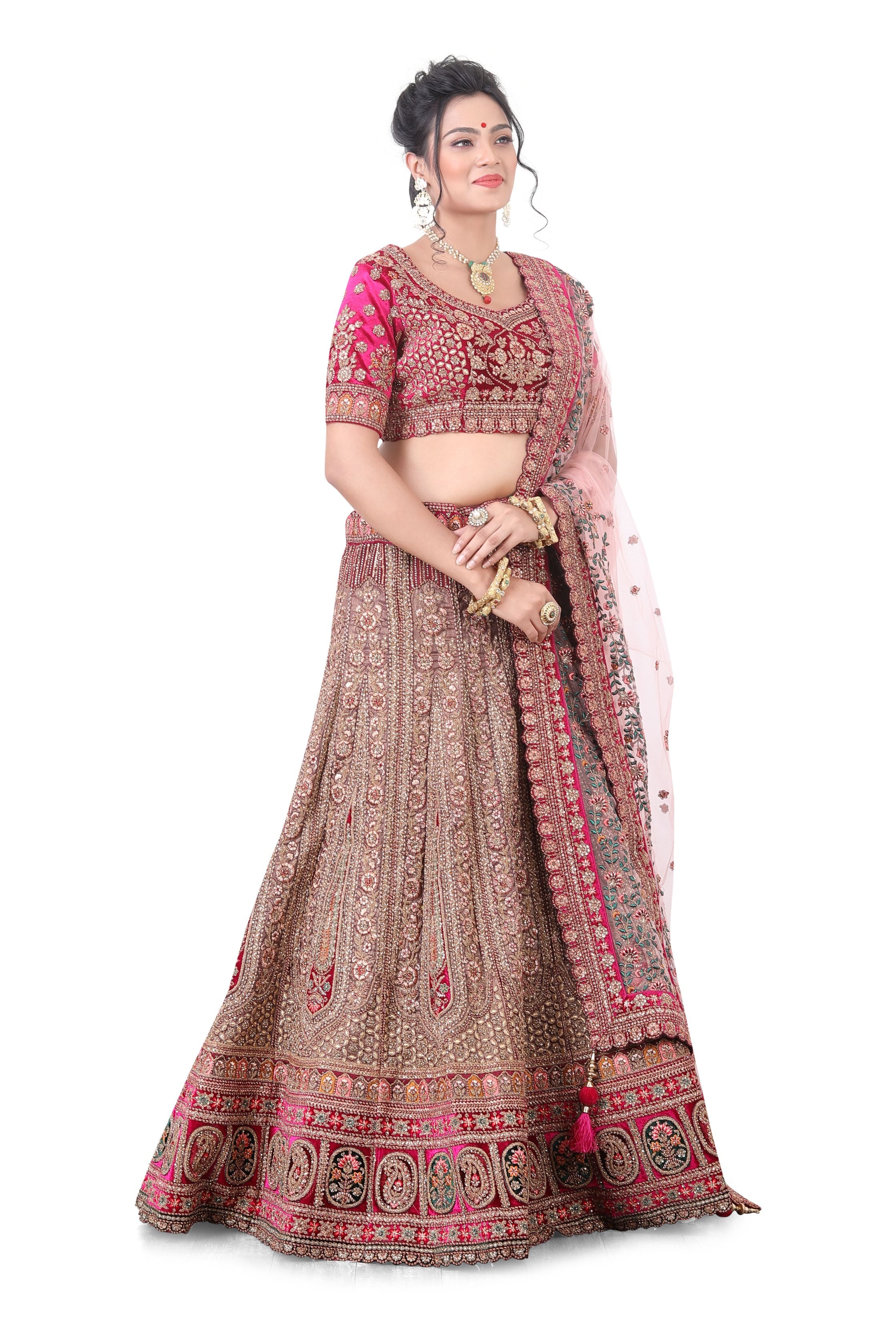 Tissue and Velvet Bridal Lehenga Choli in Pink and Gold color