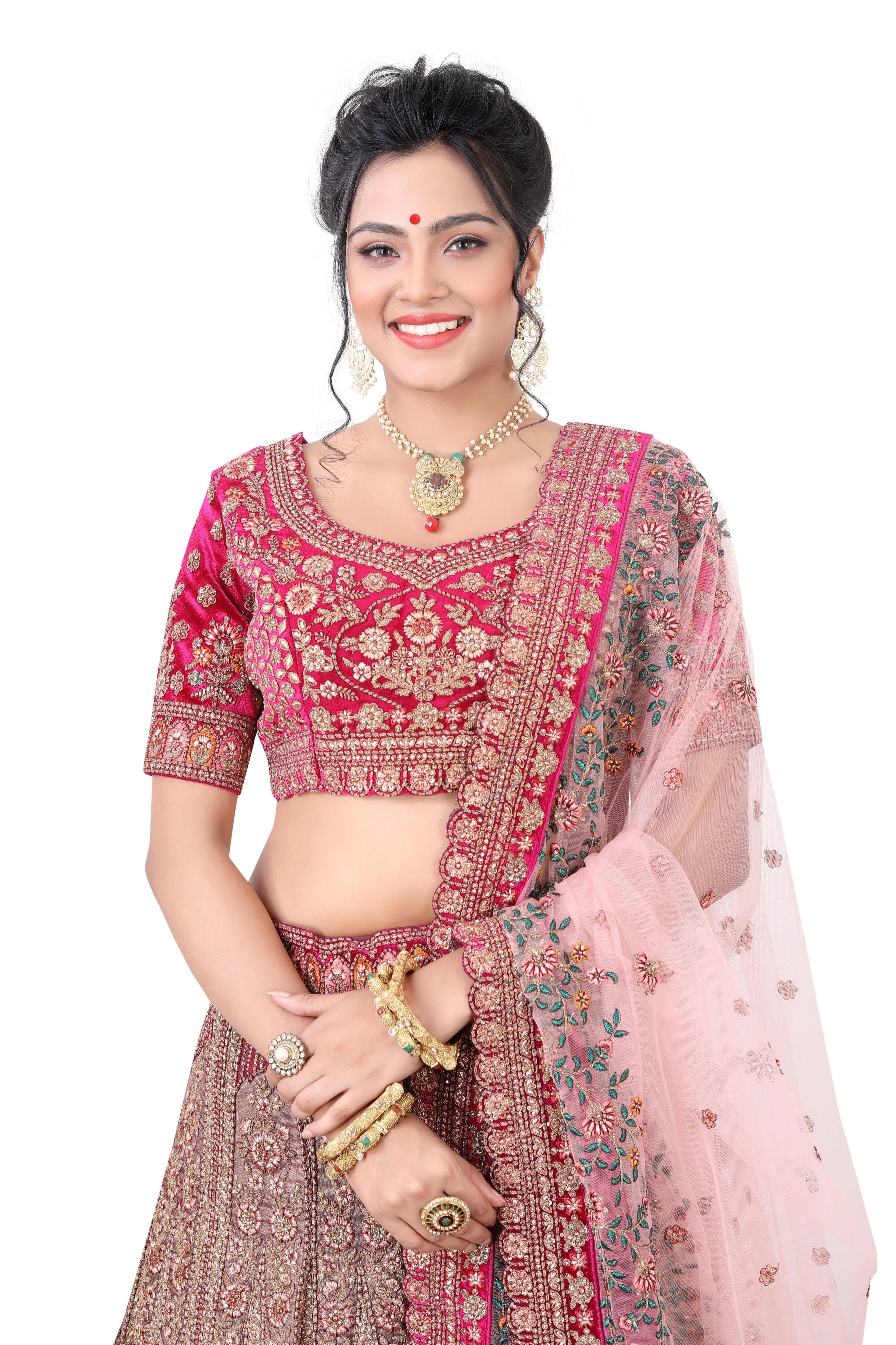 Tissue and Velvet Bridal Lehenga Choli in Pink and Gold color