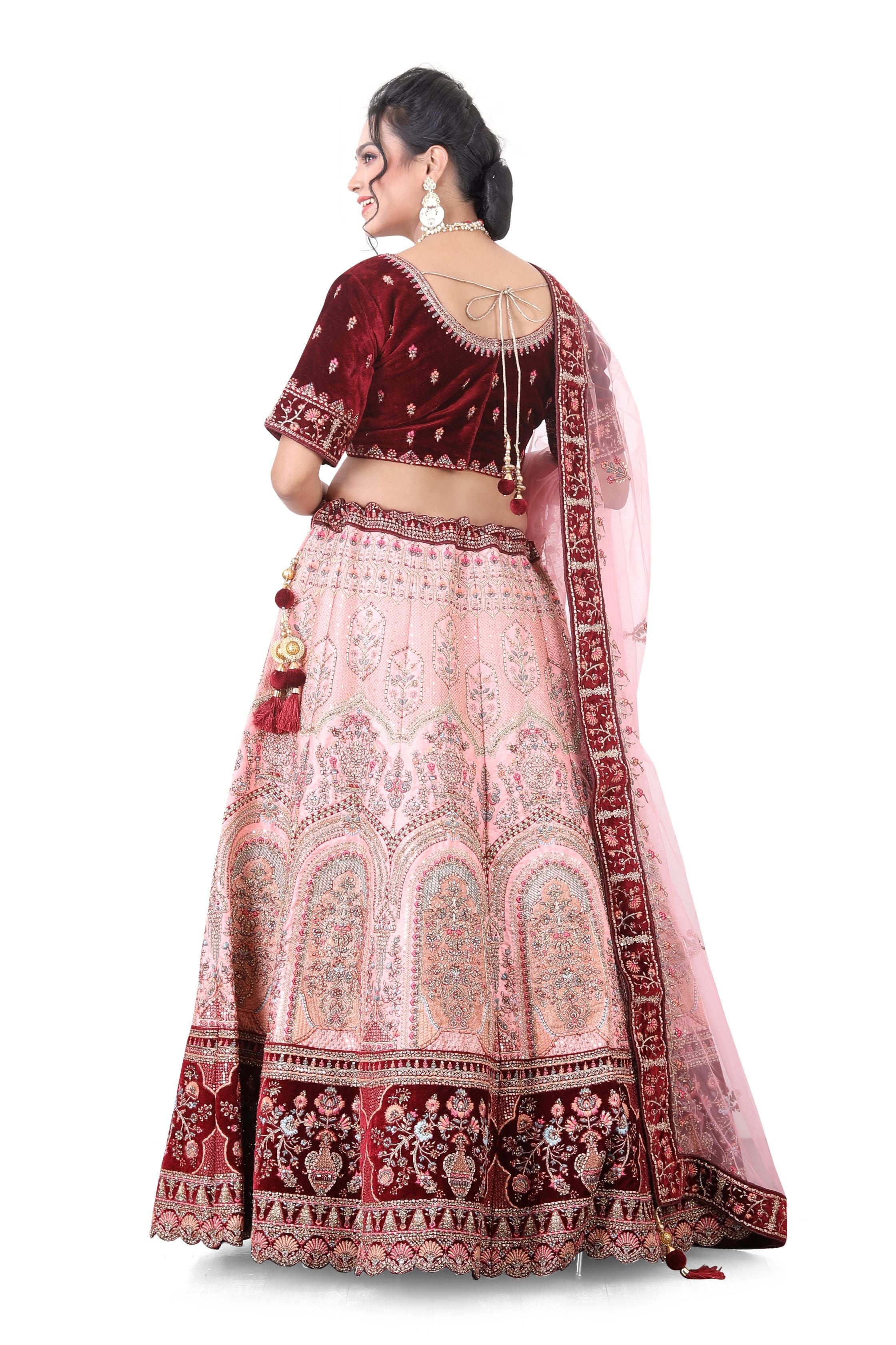 Bridal Lehenga Choli in Maroon with Baby pink Color