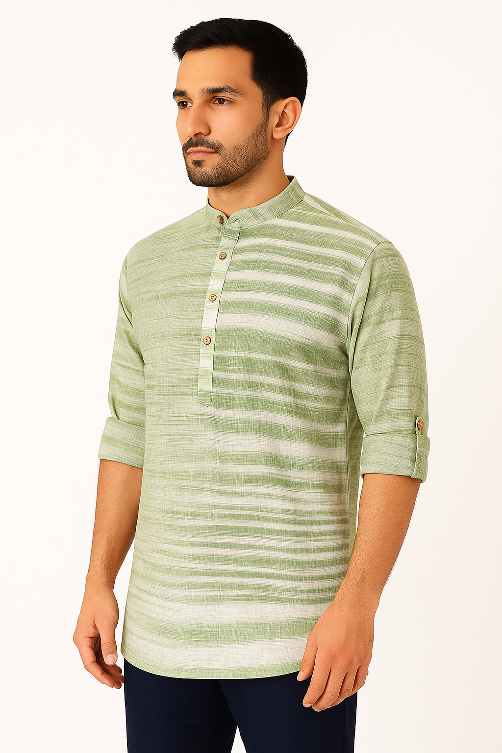 Men's Khadi Handwoven Short Kurta Green