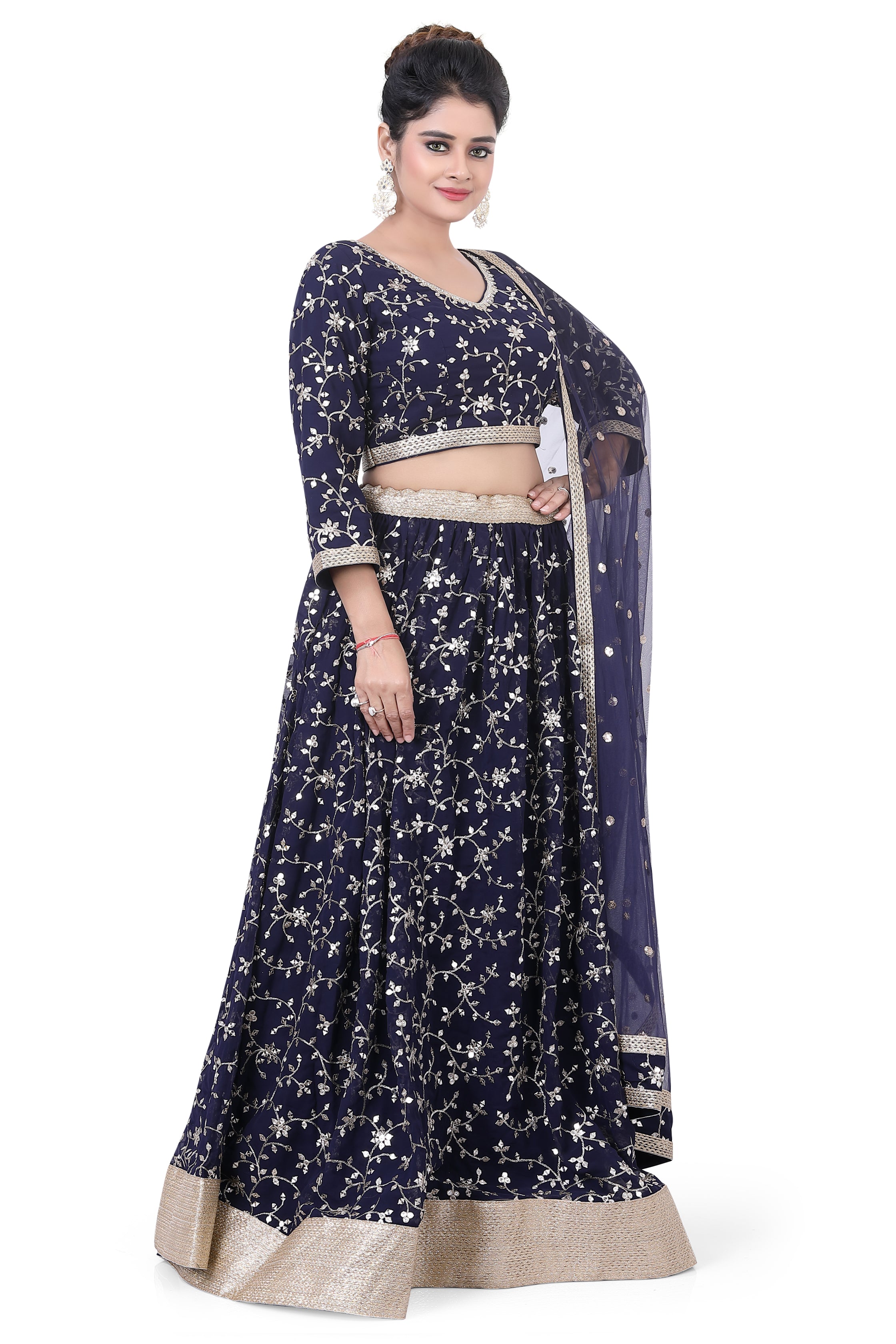Navy Blue Georgette Partywear Embroidered Lehenga Choli with sequin work-LC3046