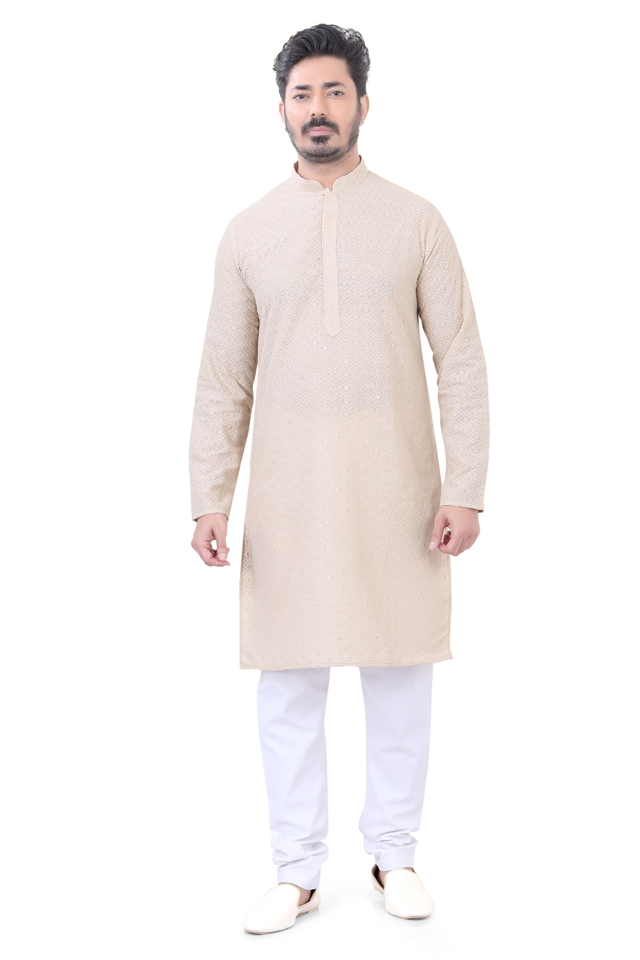 Lucknowi Cotton Kurta Pajama Set in Light beige