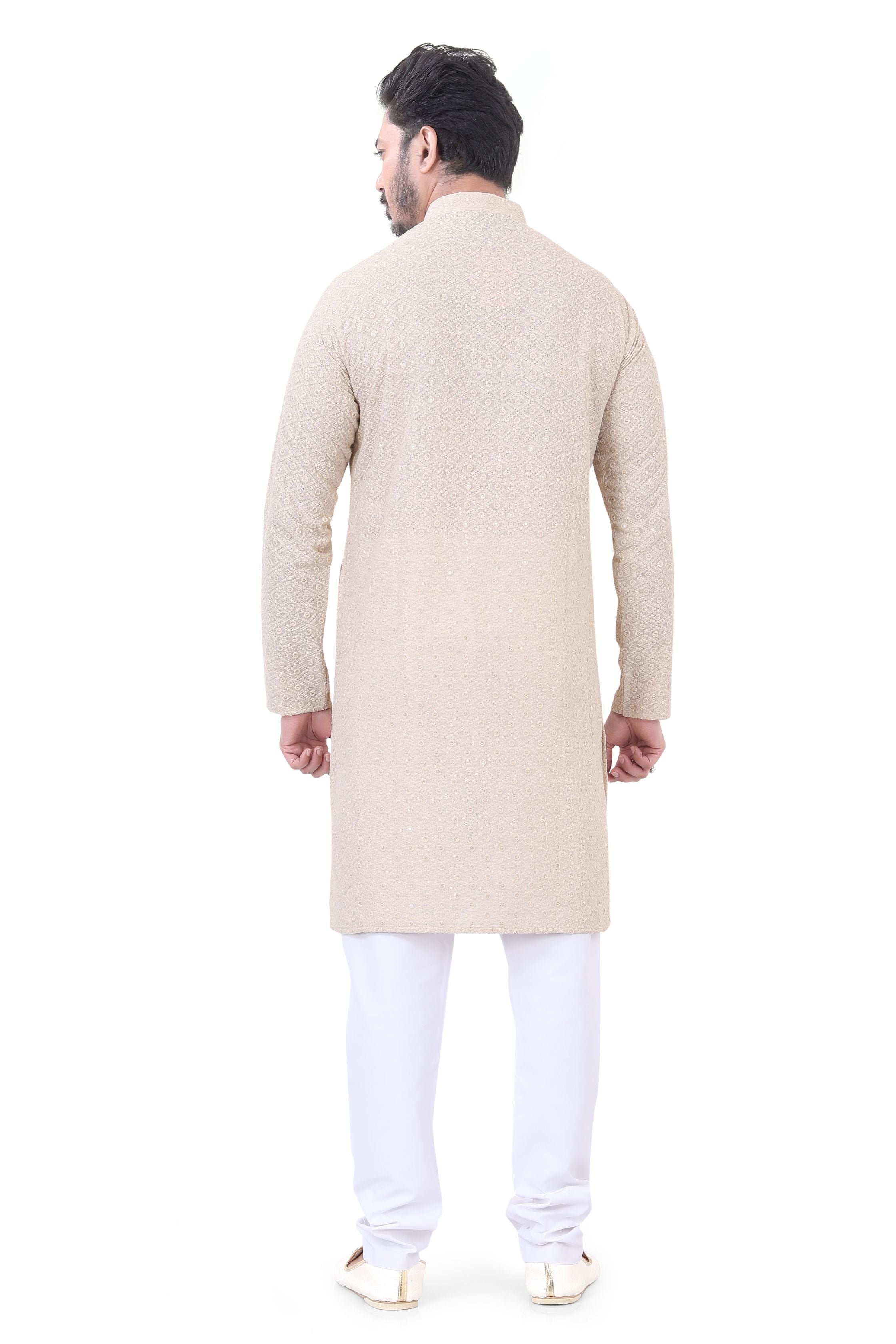 Lucknowi Cotton Kurta Pajama Set in Light beige