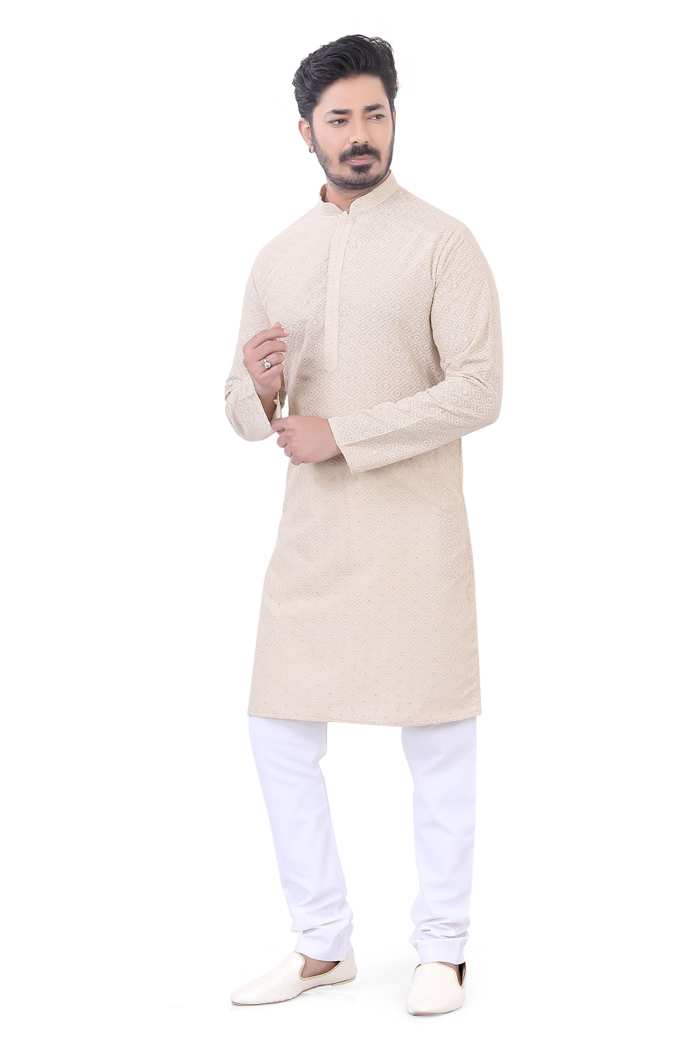 Lucknowi Cotton Kurta Pajama Set in Light beige