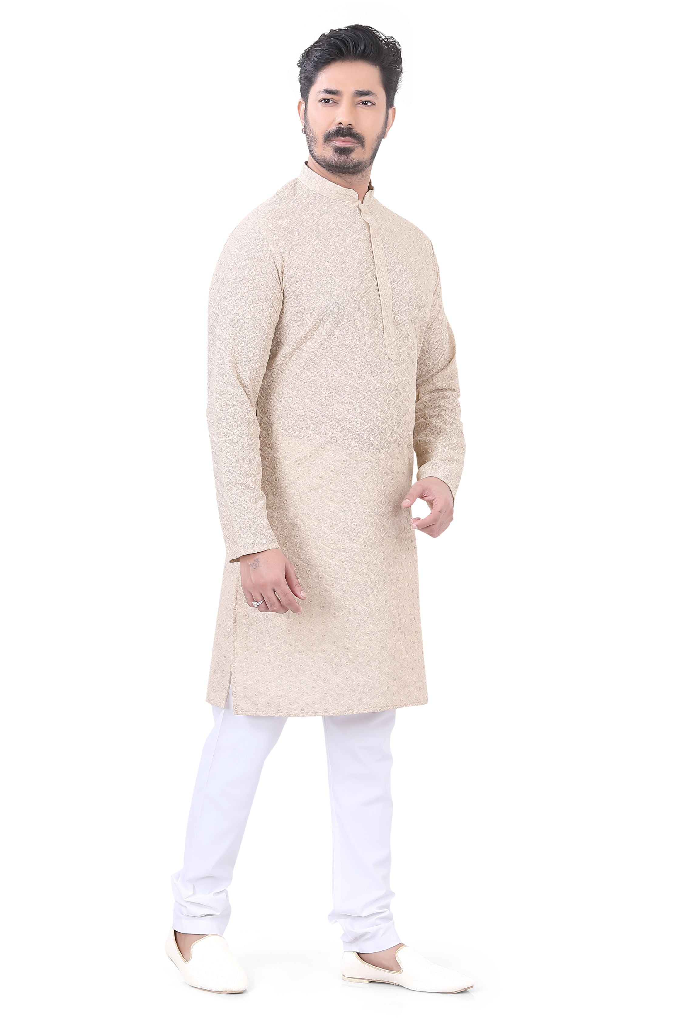 Lucknowi Cotton Kurta Pajama Set in Light beige