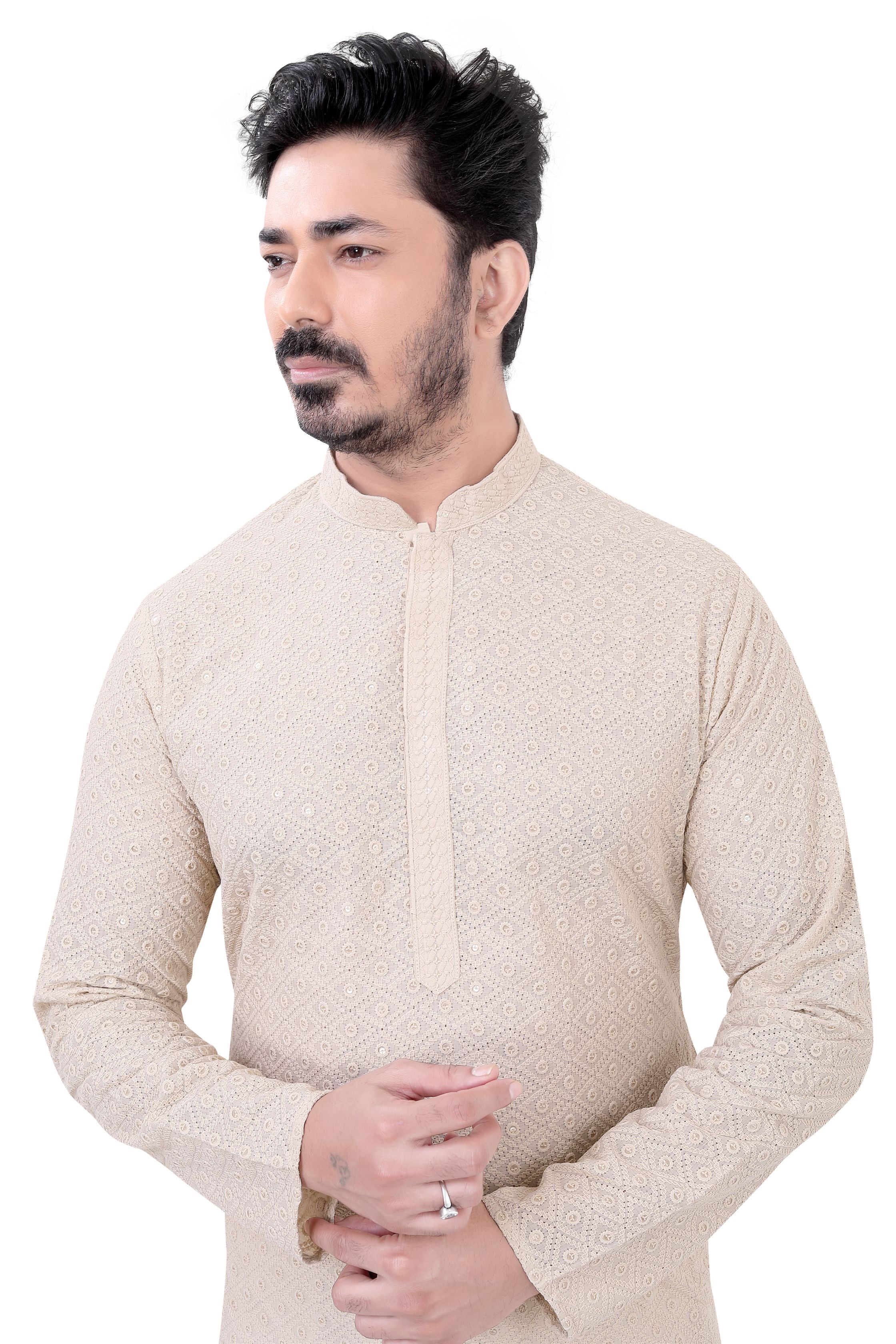 Lucknowi Cotton Kurta Pajama Set in Light beige