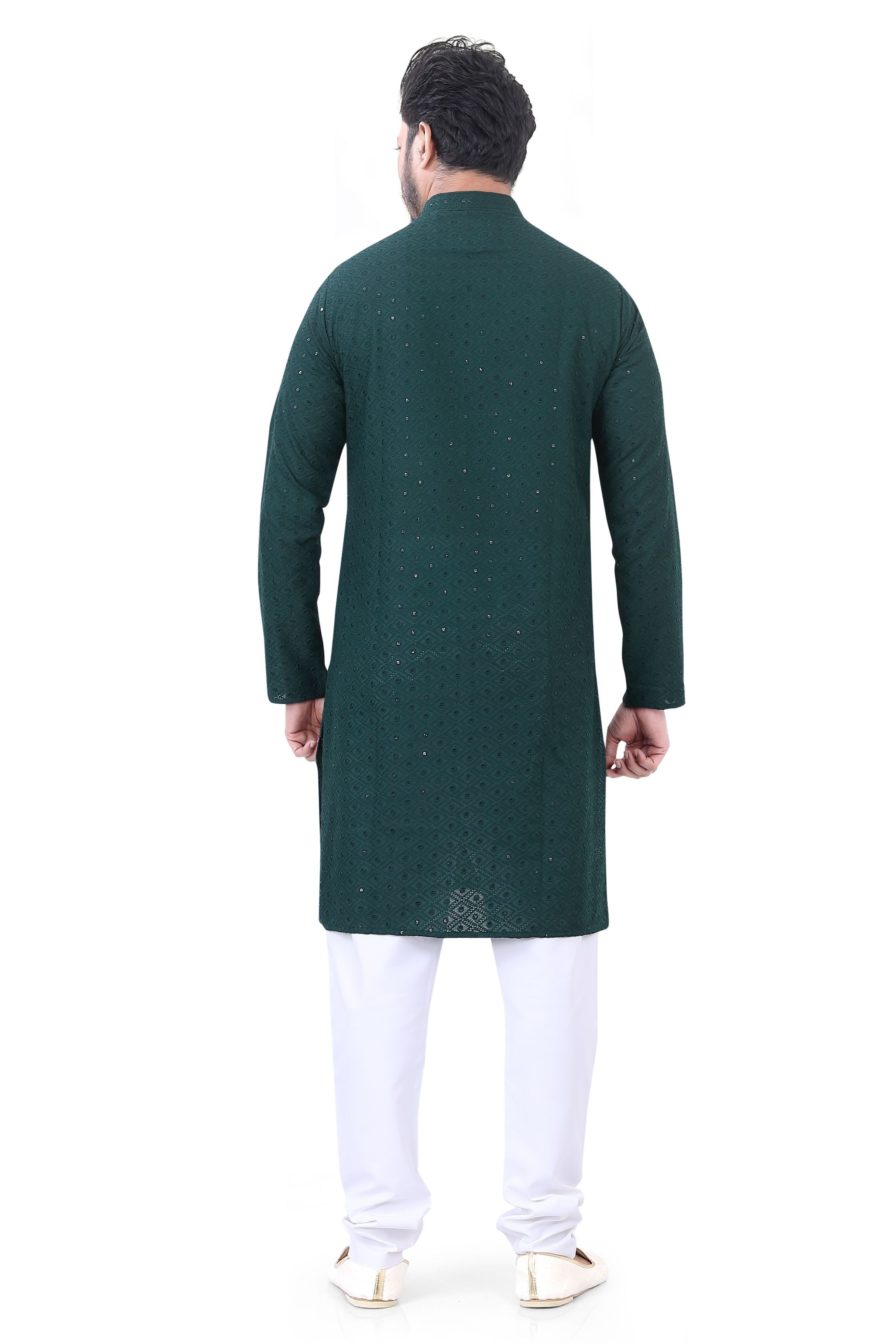 Lucknowi Cotton Kurta Pajama Set in Bottle Green