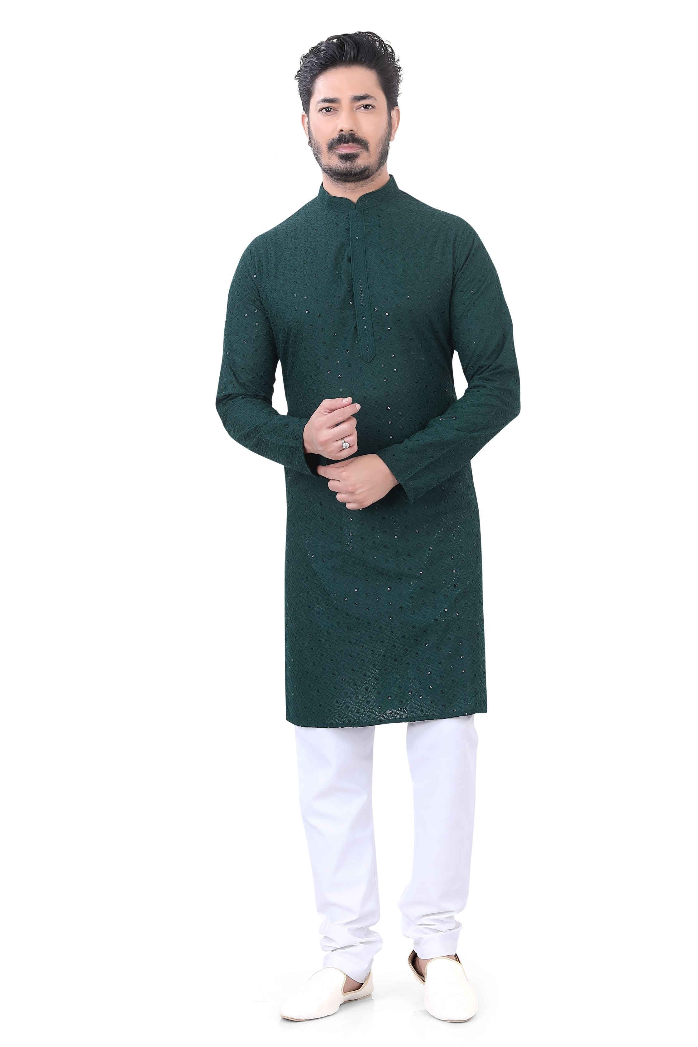 Lucknowi Cotton Kurta Pajama Set in Bottle Green