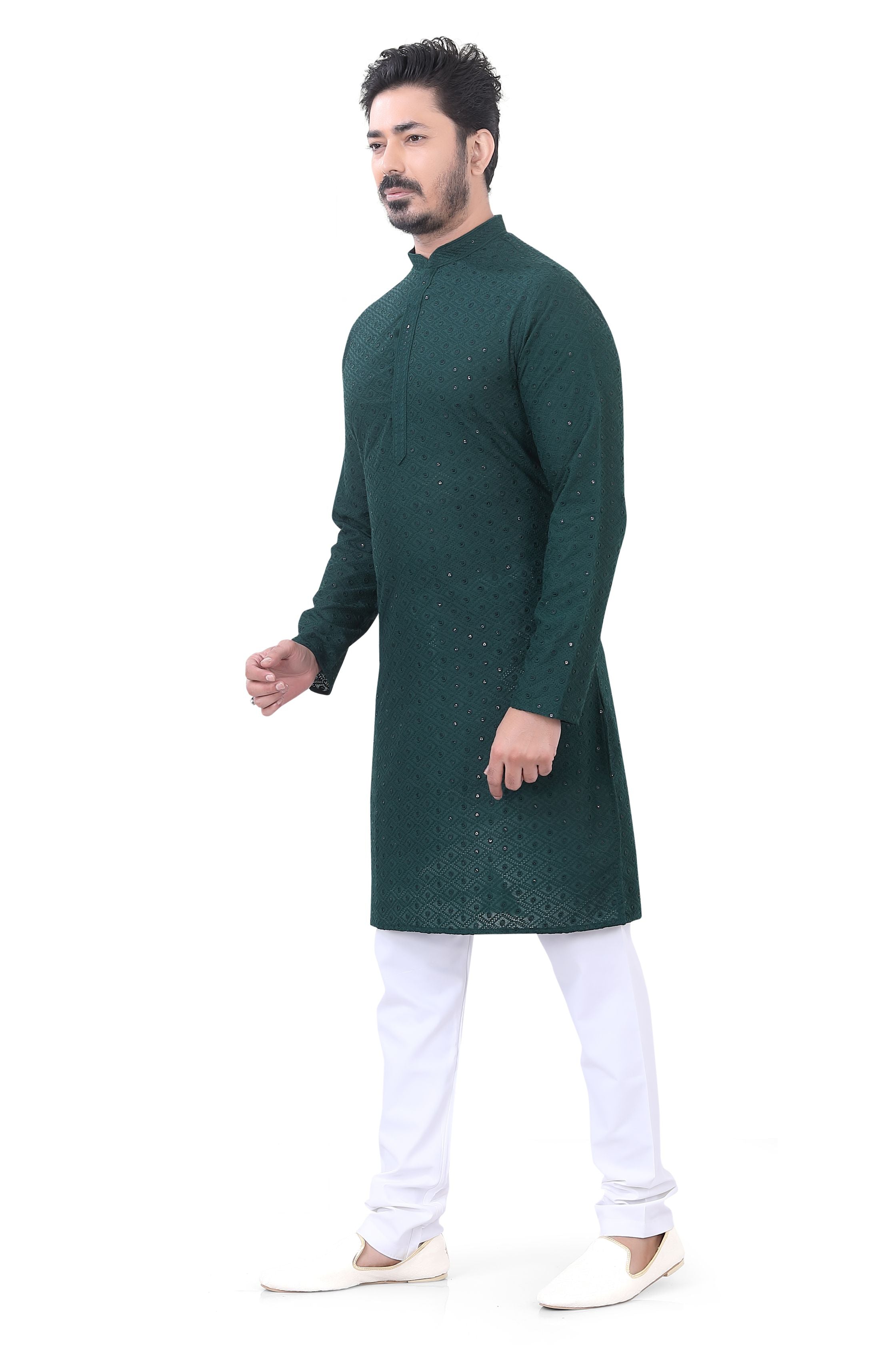 Lucknowi Cotton Kurta Pajama Set in Bottle Green