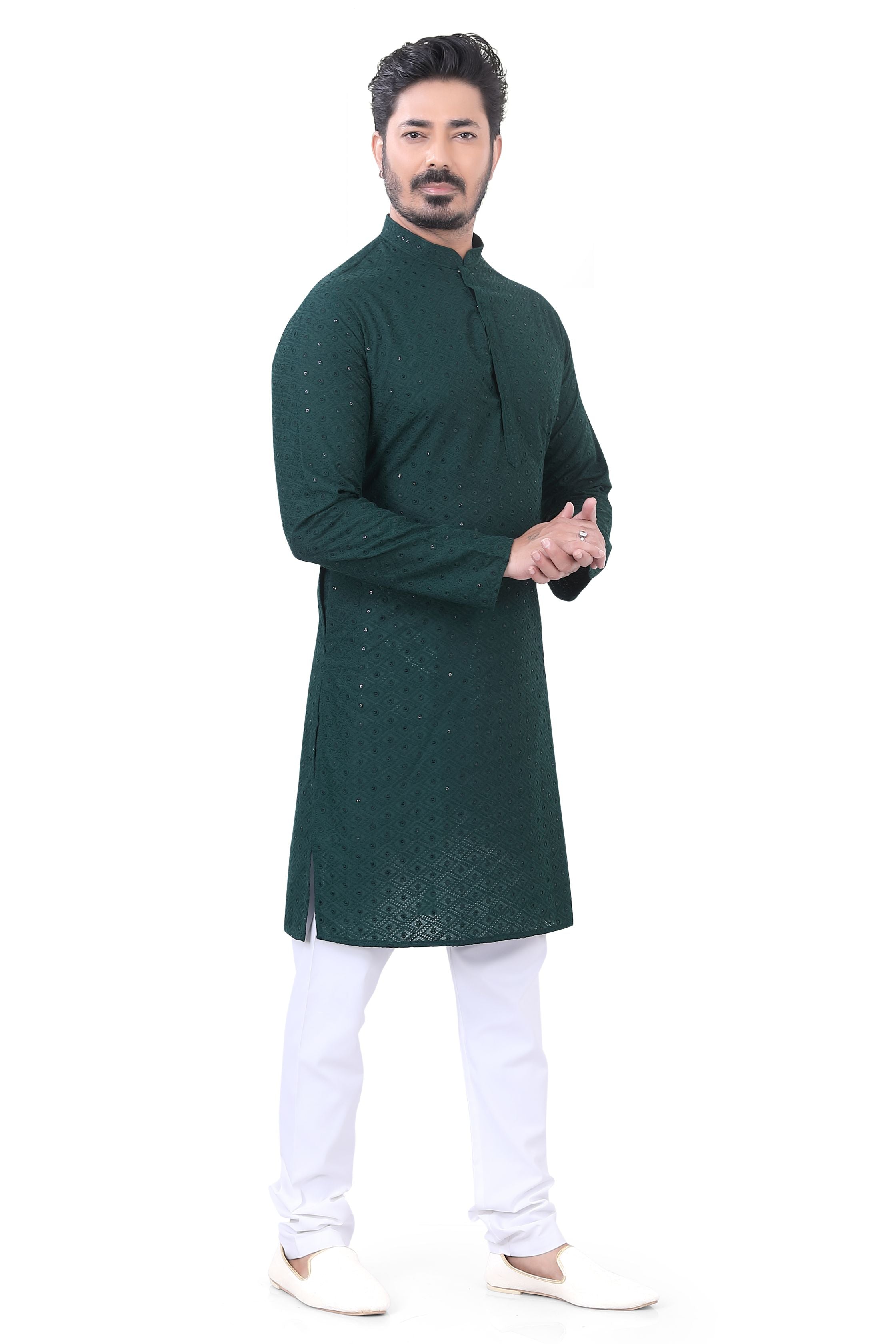 Lucknowi Cotton Kurta Pajama Set in Bottle Green