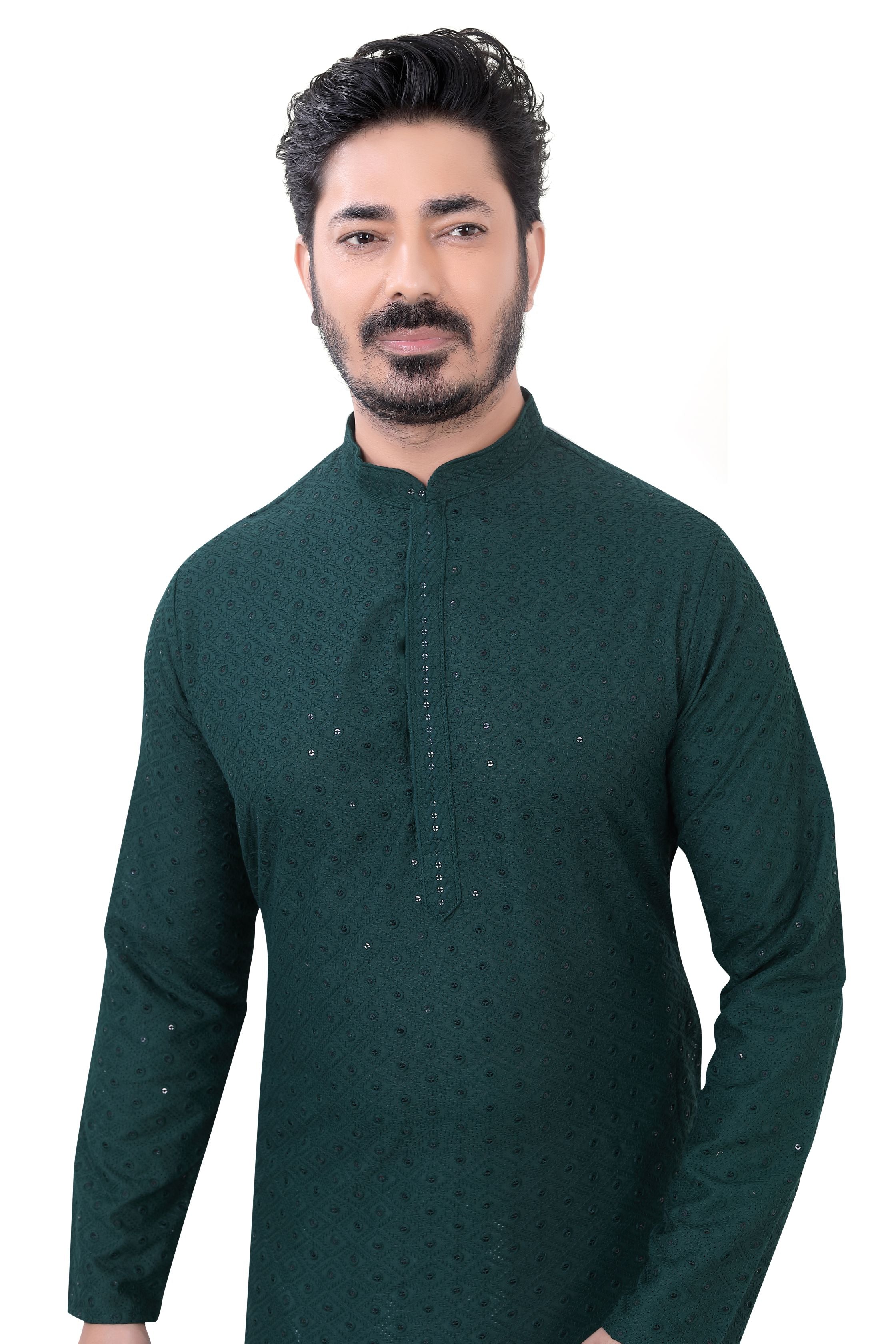 Lucknowi Cotton Kurta Pajama Set in Bottle Green