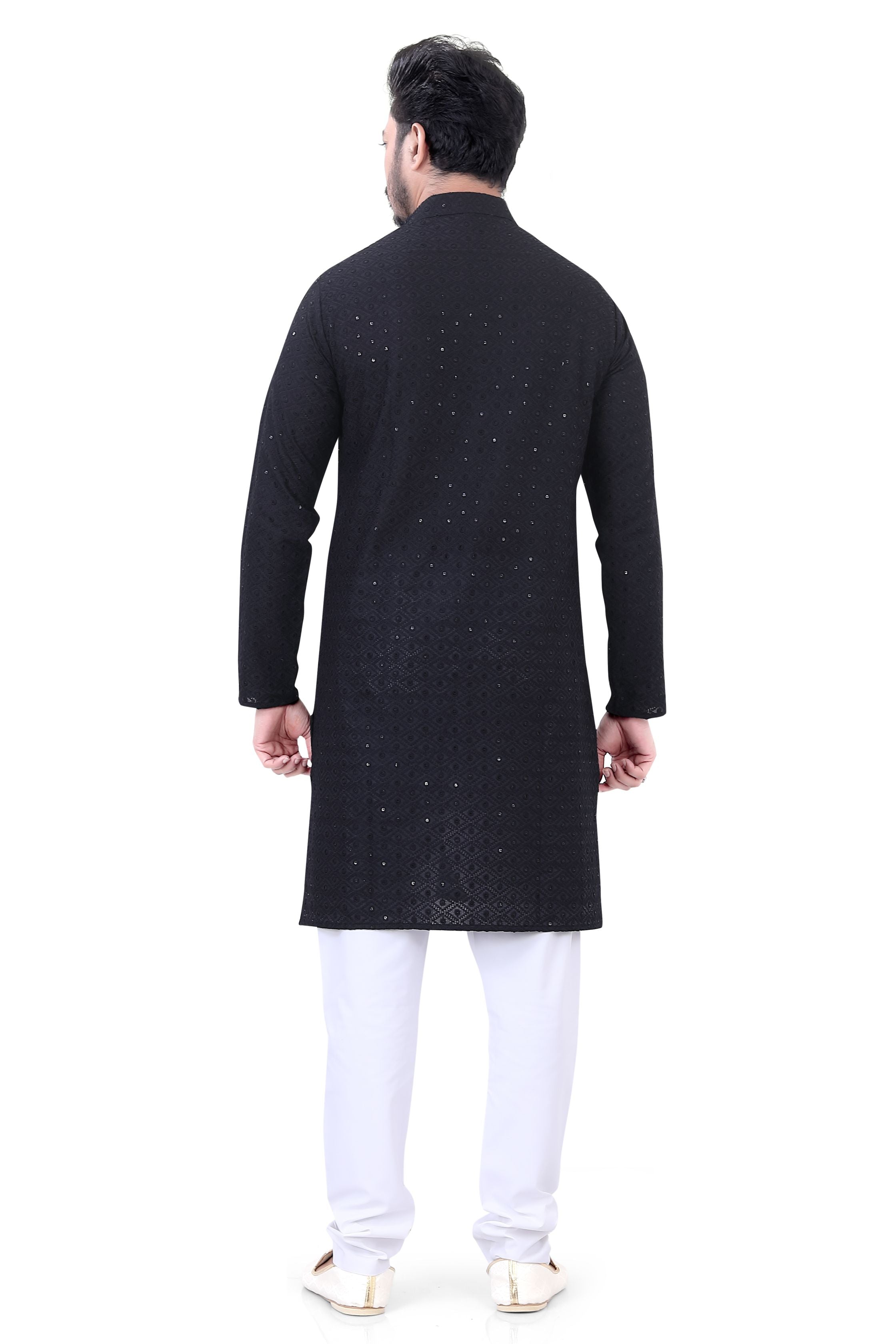 Lucknowi Cotton Kurta Pajama Set in Black
