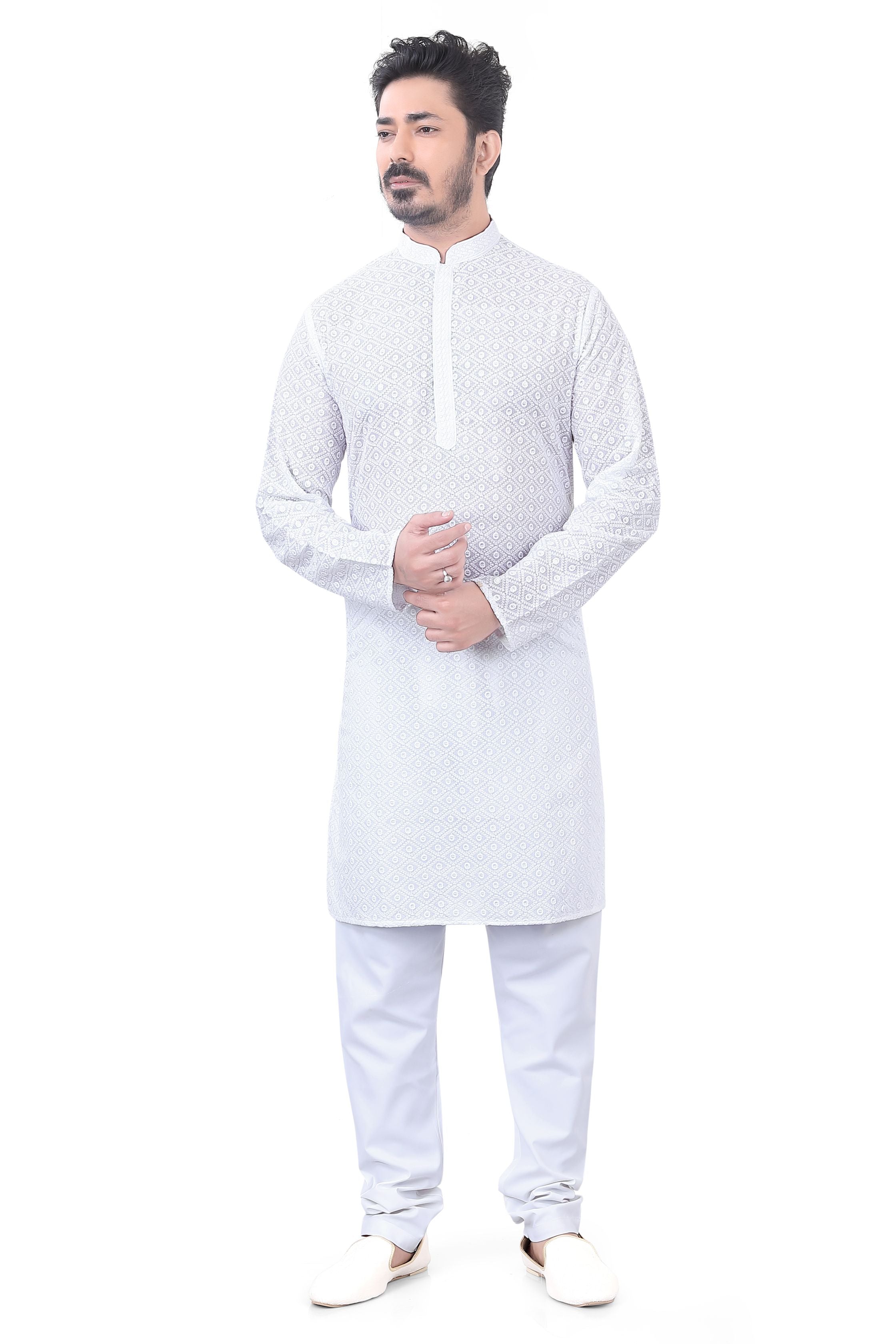 Lucknowi Cotton Kurta Pajama Set in White