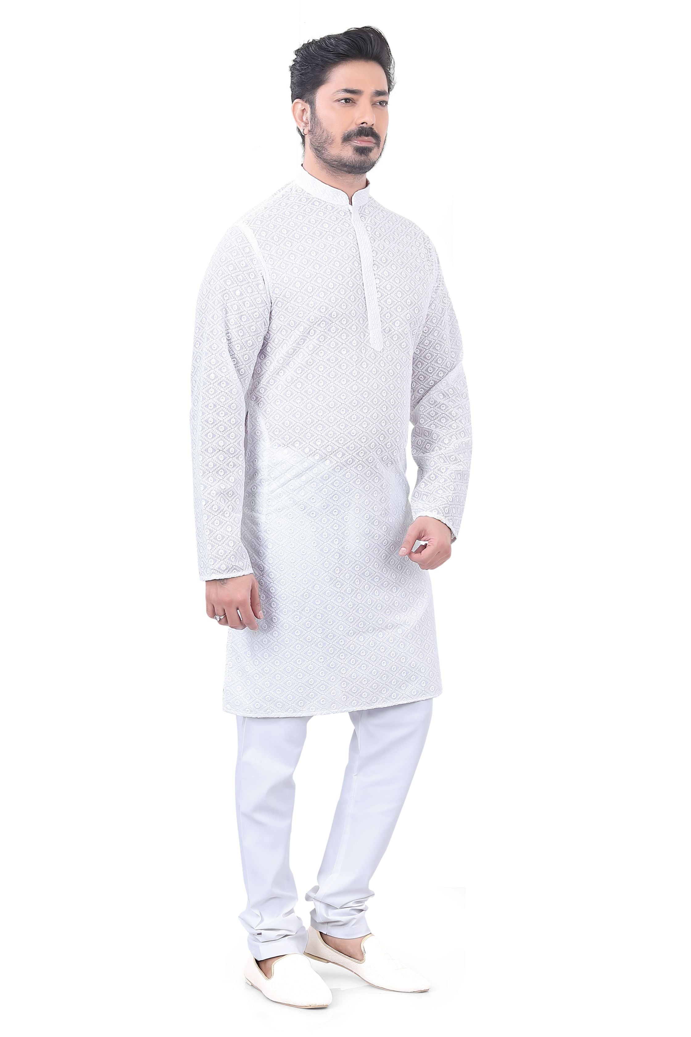 Lucknowi Cotton Kurta Pajama Set in White