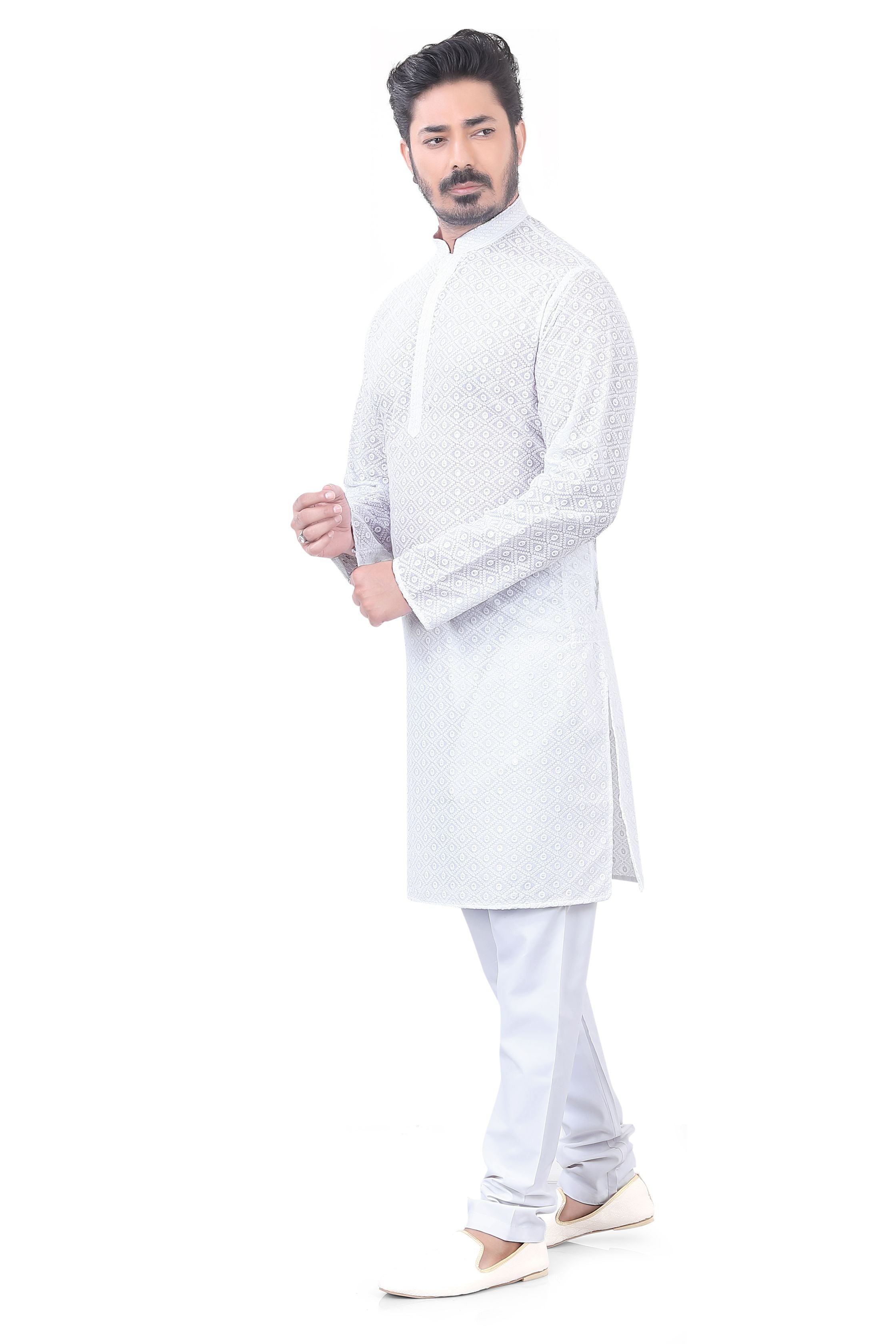 Lucknowi Cotton Kurta Pajama Set in White