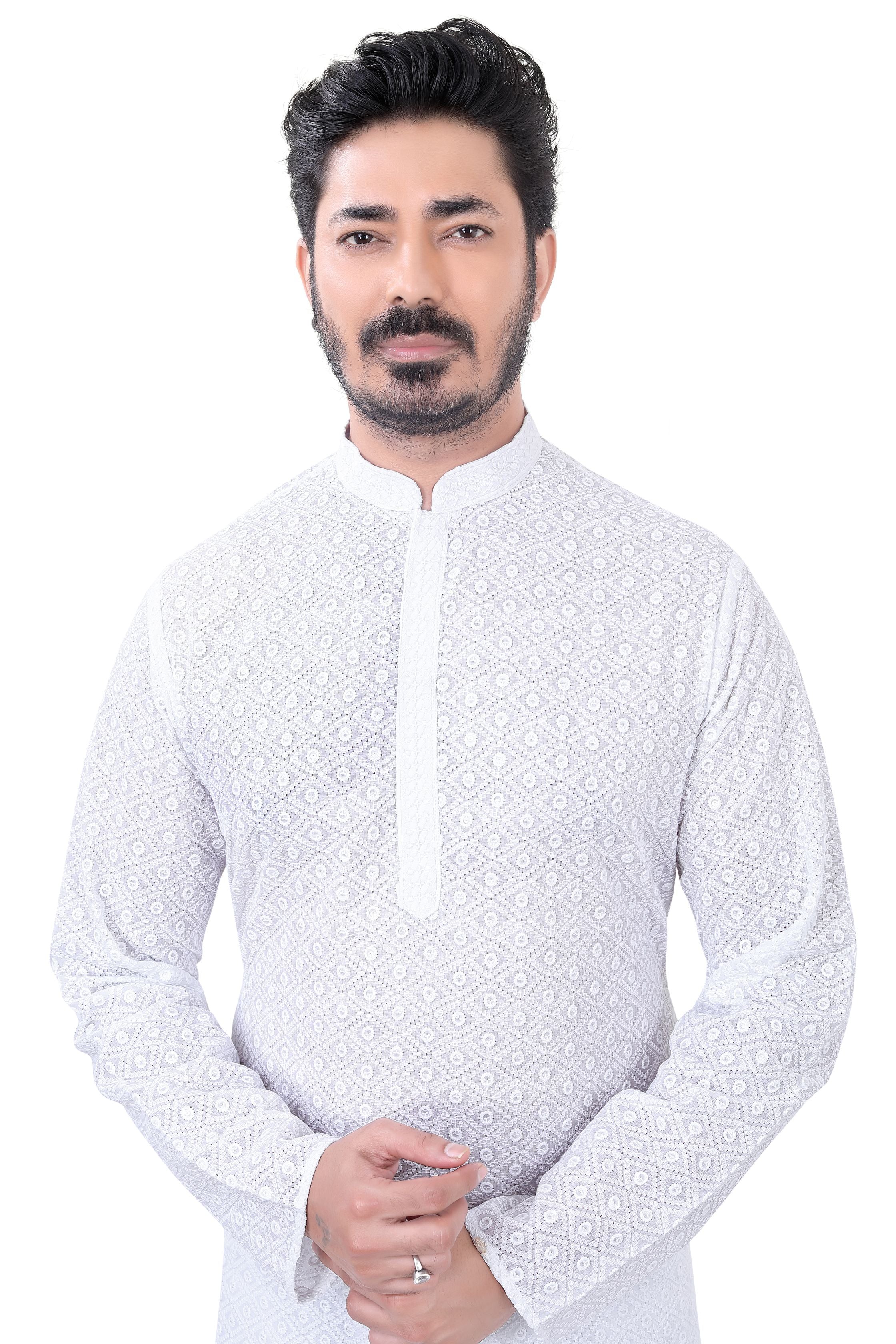 Lucknowi Cotton Kurta Pajama Set in White