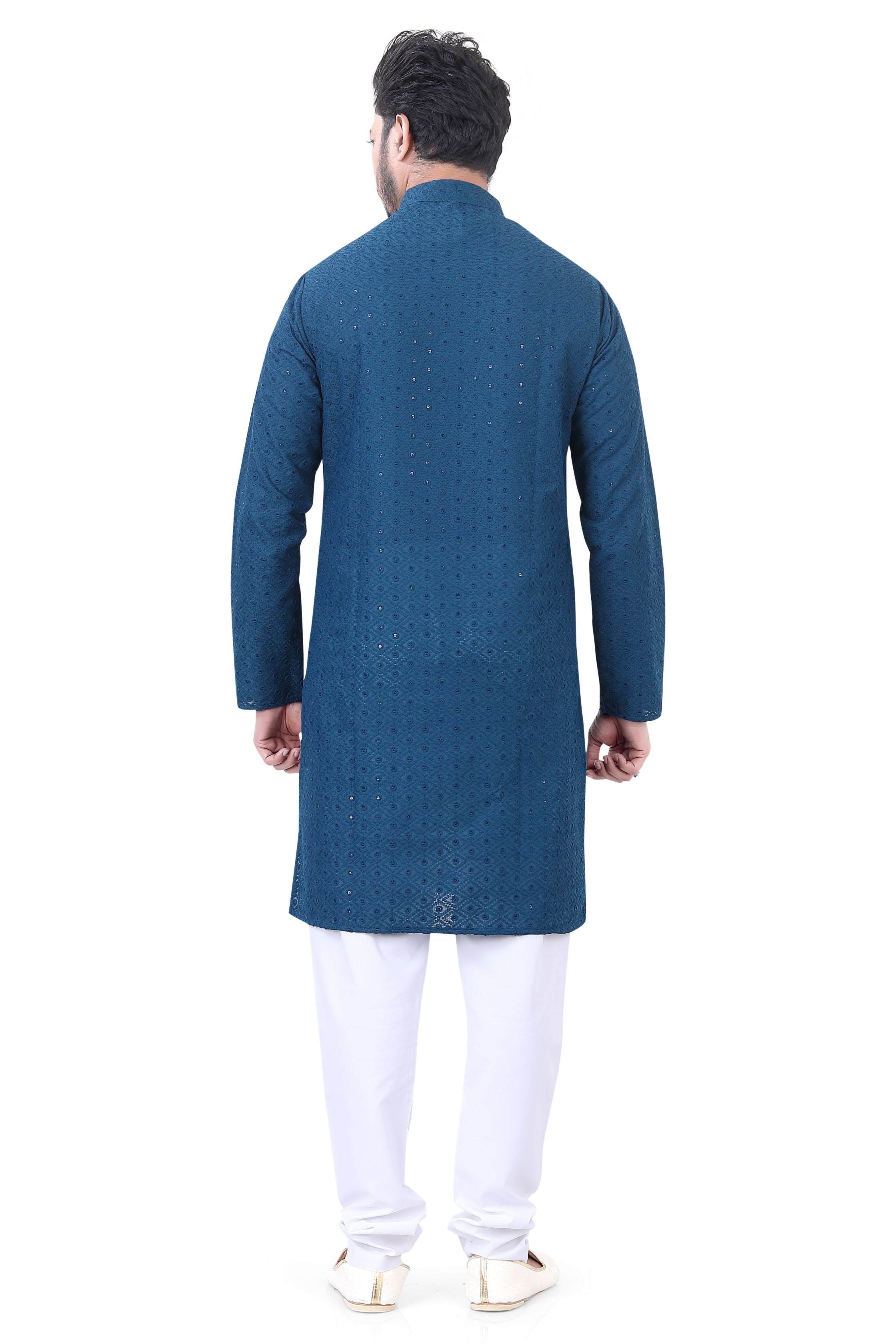 Lucknowi Cotton Kurta Pajama Set in Peacock Blue