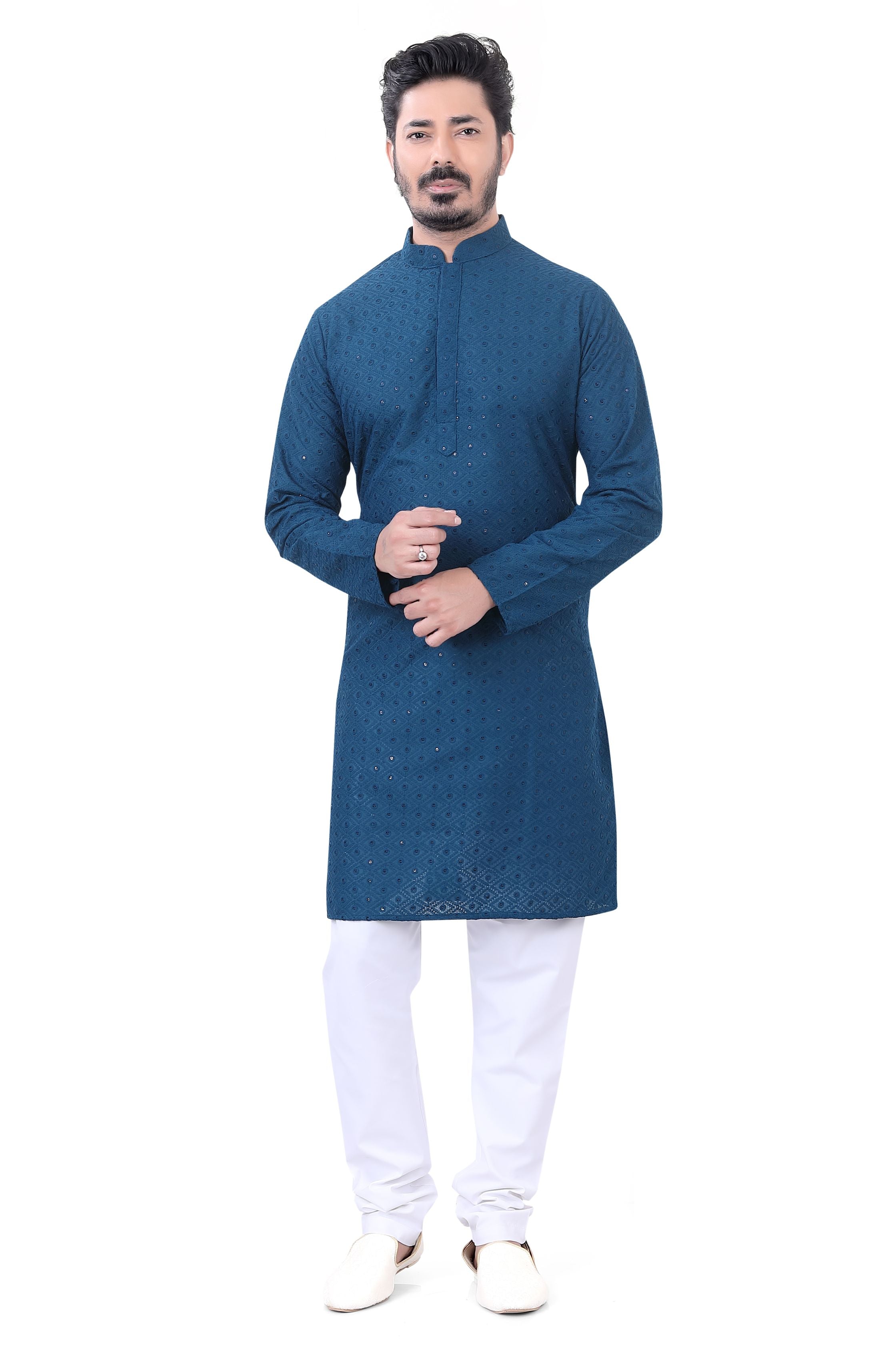 Lucknowi Cotton Kurta Pajama Set in Peacock Blue