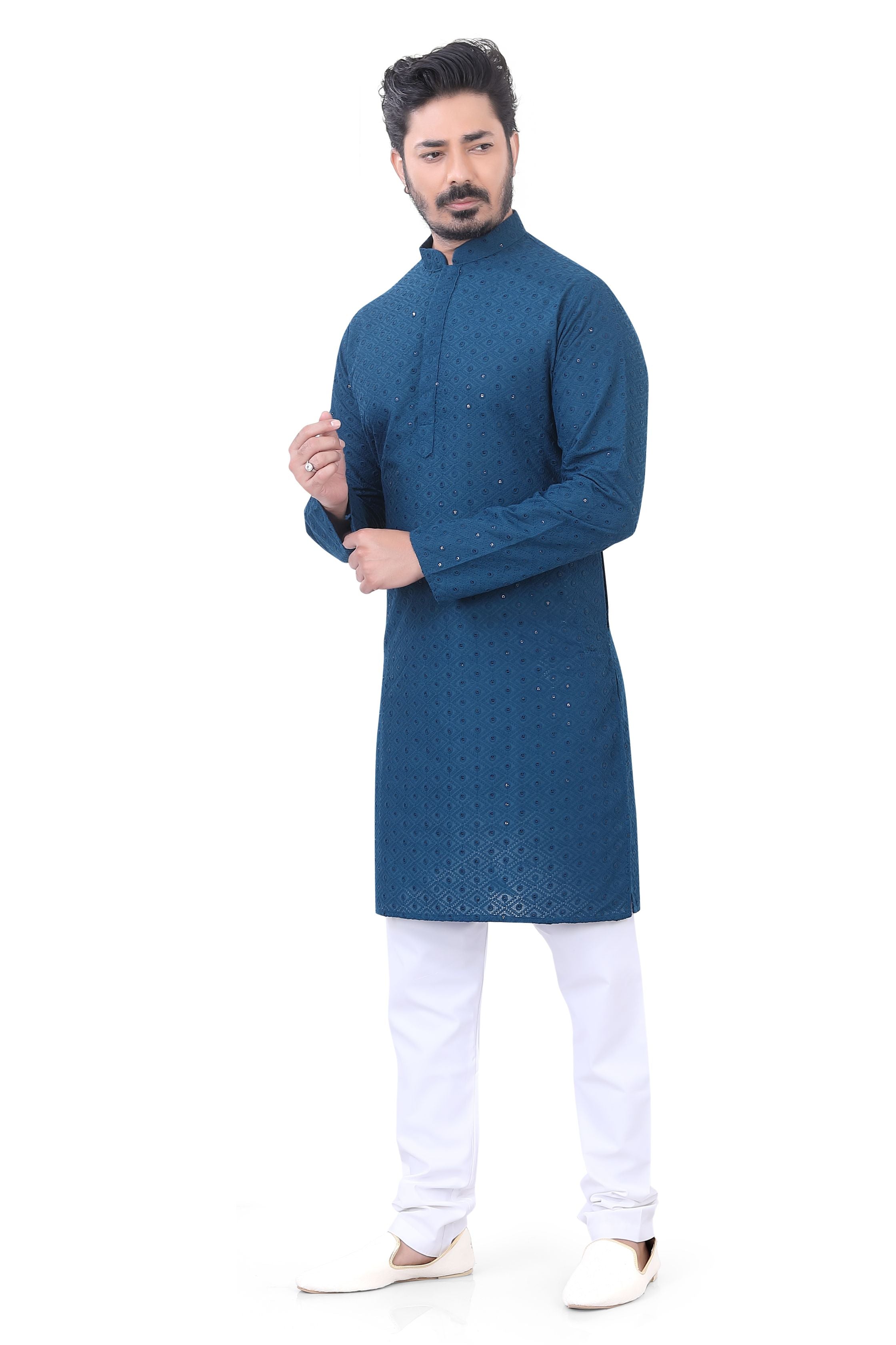 Lucknowi Cotton Kurta Pajama Set in Peacock Blue