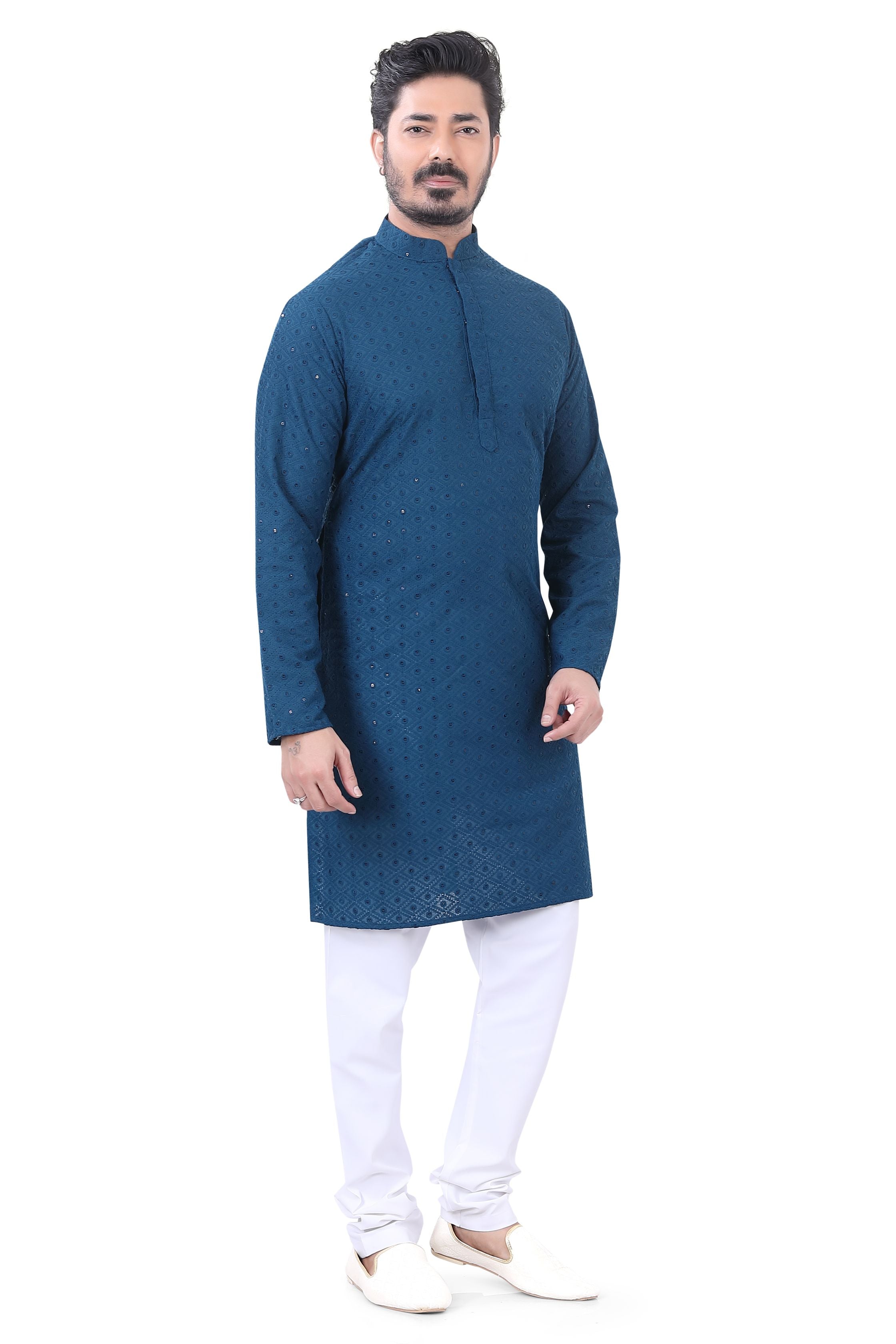 Lucknowi Cotton Kurta Pajama Set in Peacock Blue