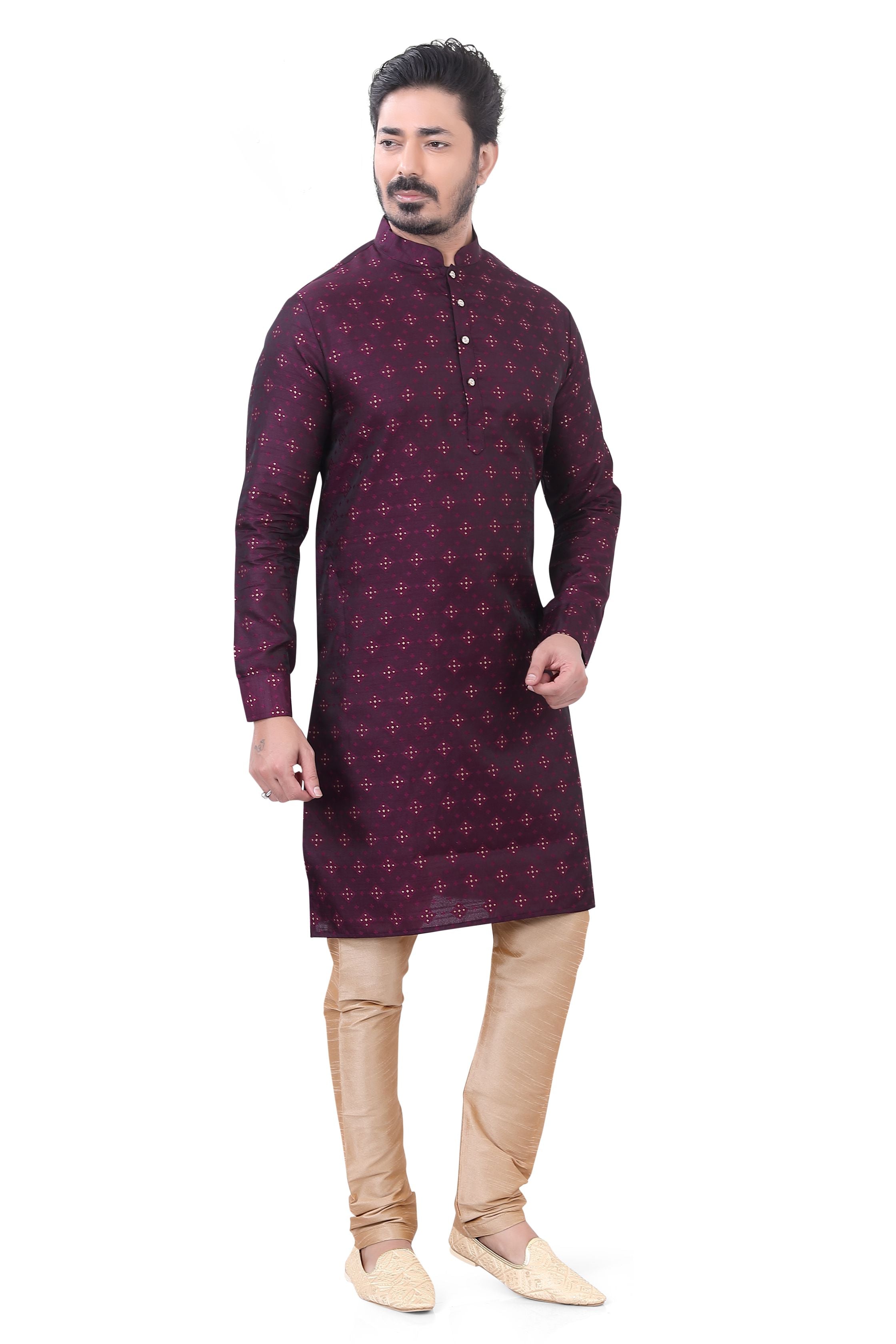 Banarasi Silk self toned Kurta Pajama in Wine color.