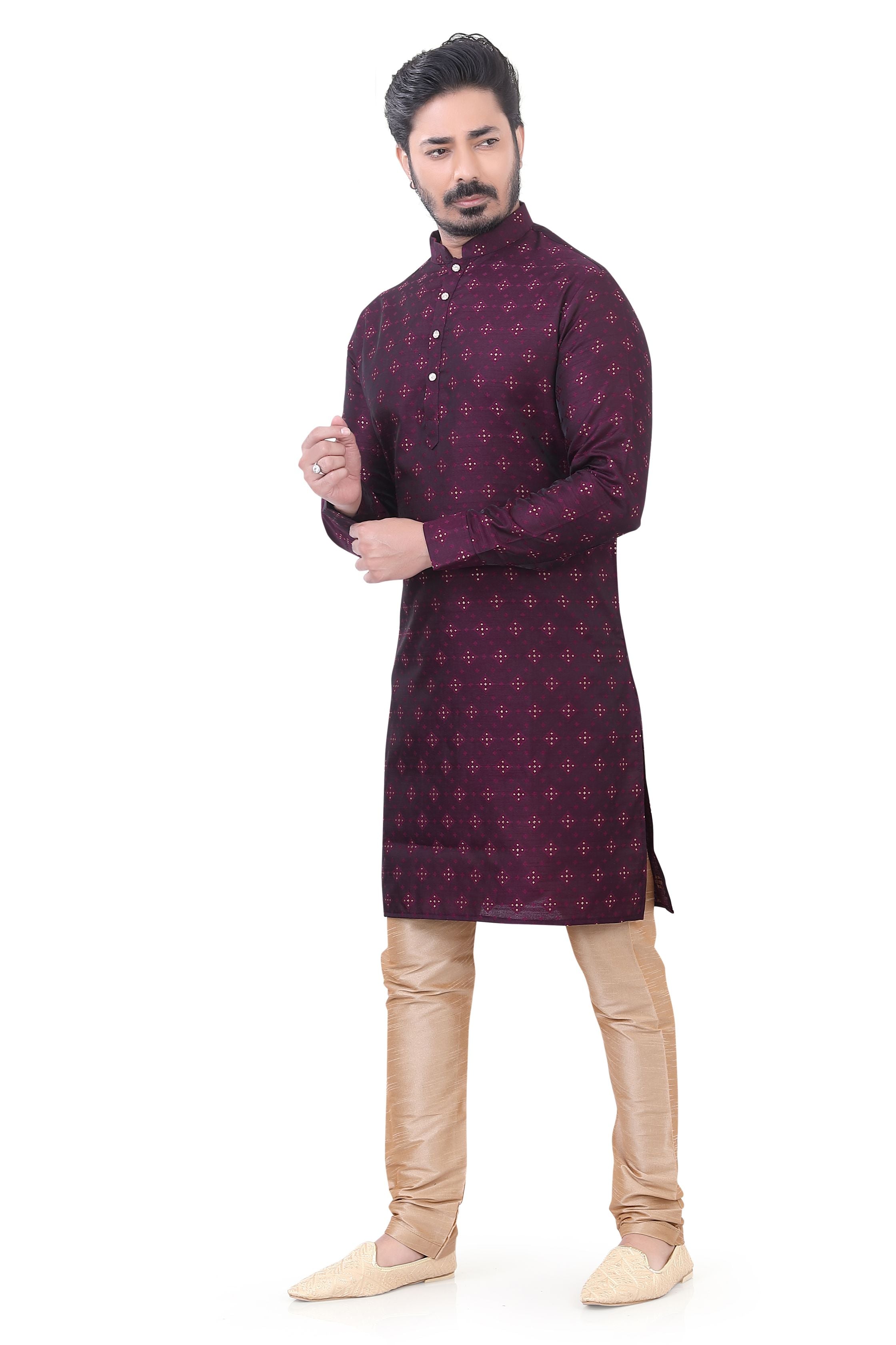 Banarasi Silk self toned Kurta Pajama in Wine color.