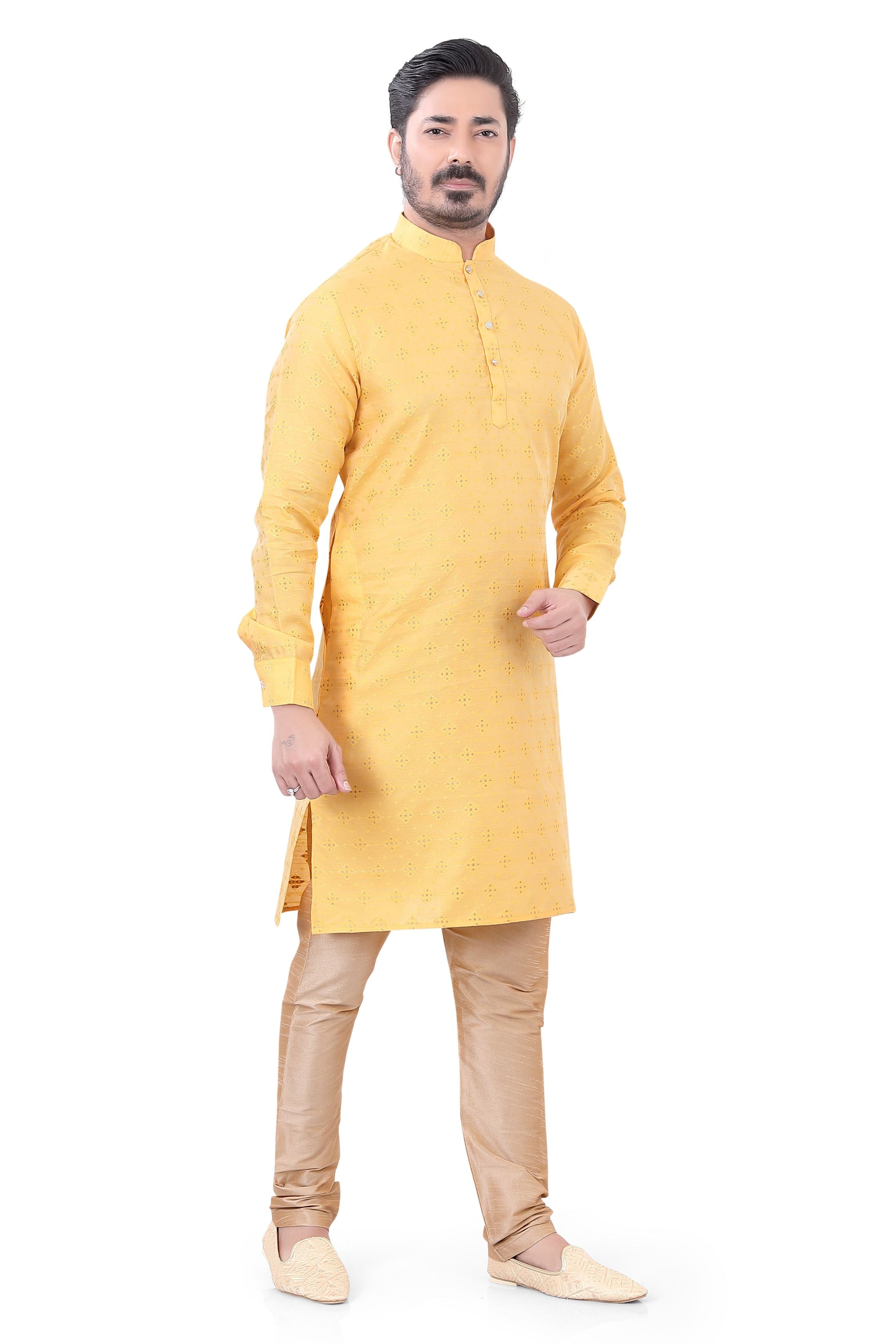 Banarasi Silk self toned Kurta Pajama in Yellow.