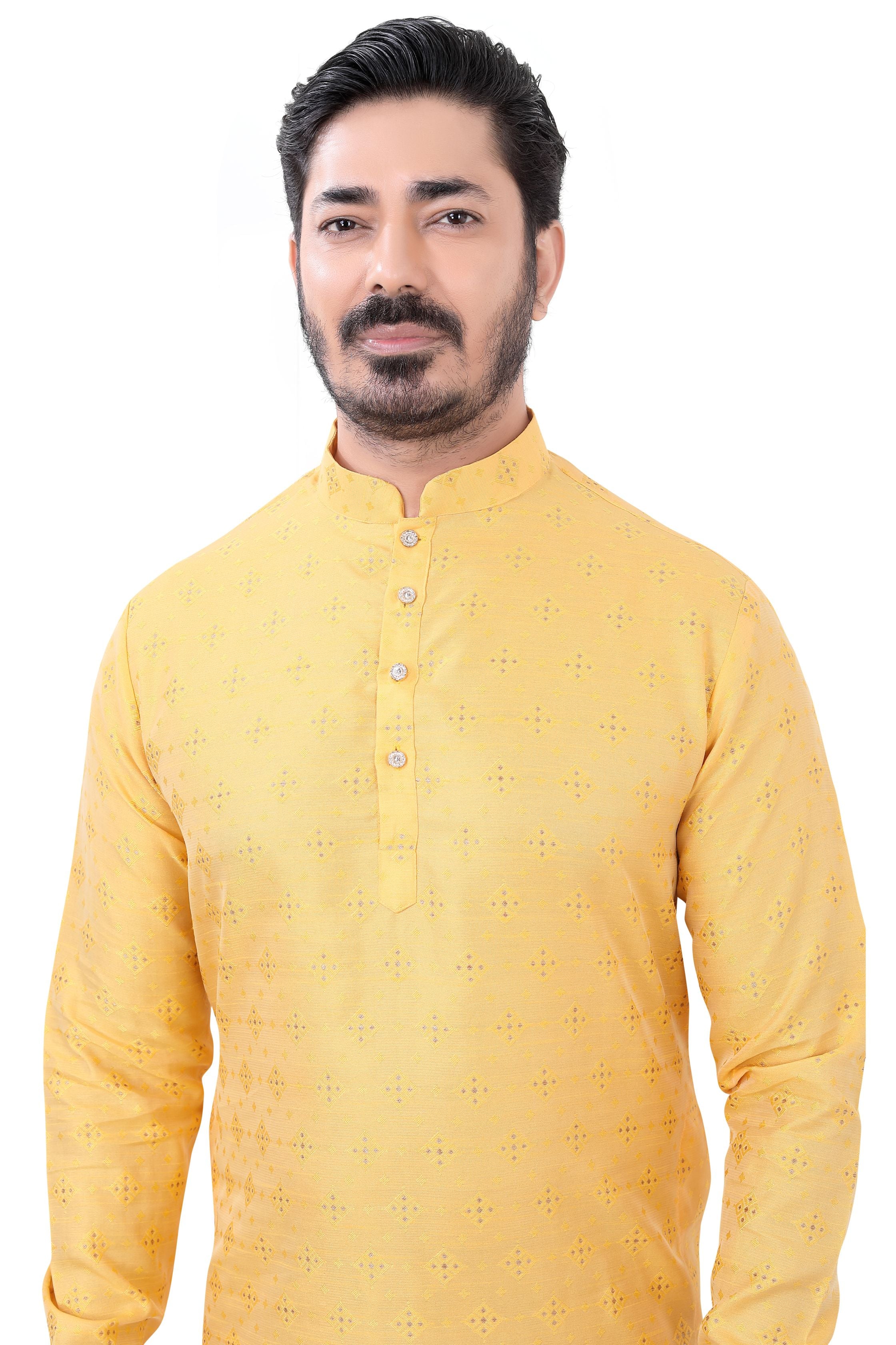 Banarasi Silk self toned Kurta Pajama in Yellow.