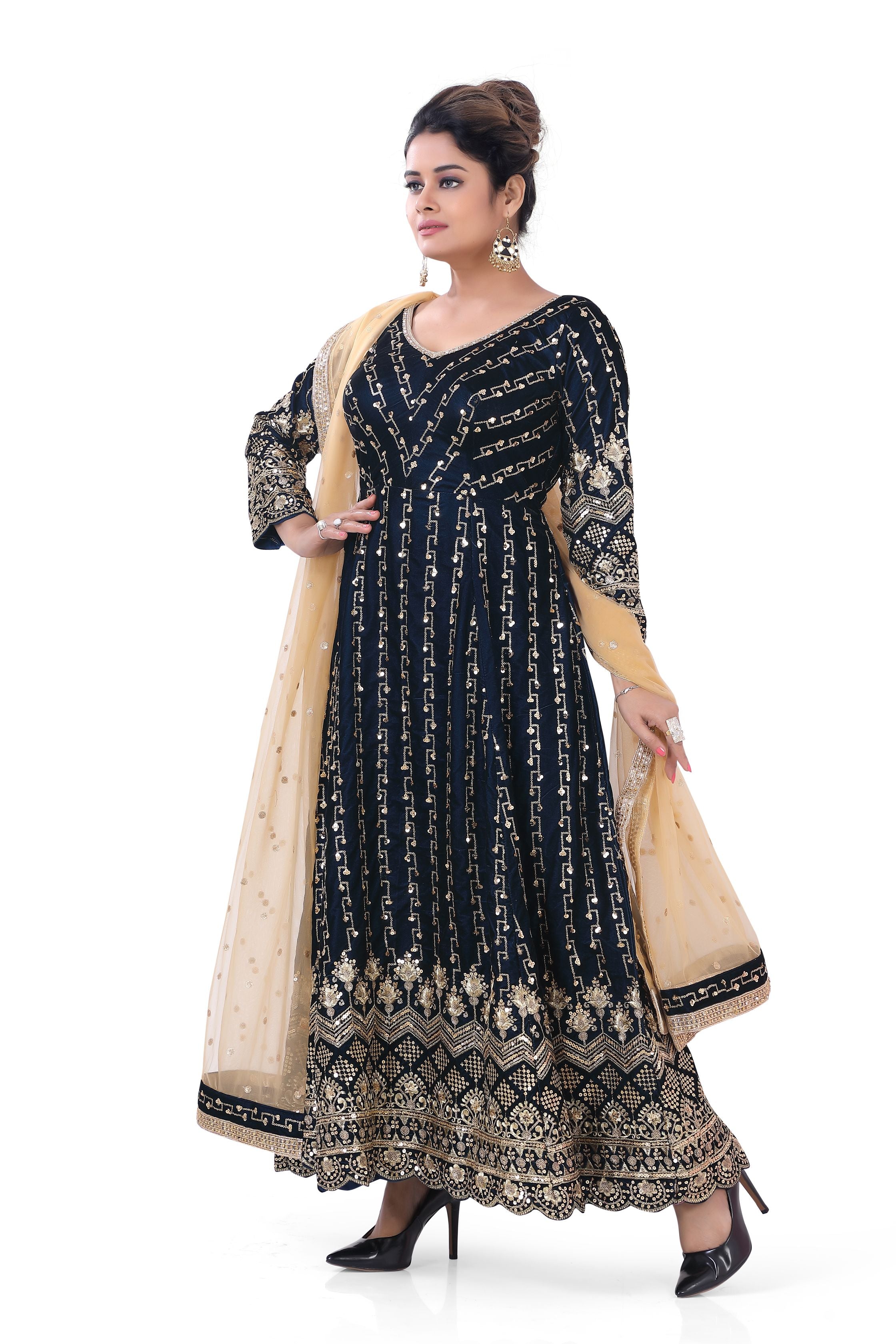 Navy Blue  Velvet Gown with Resham Embroidery