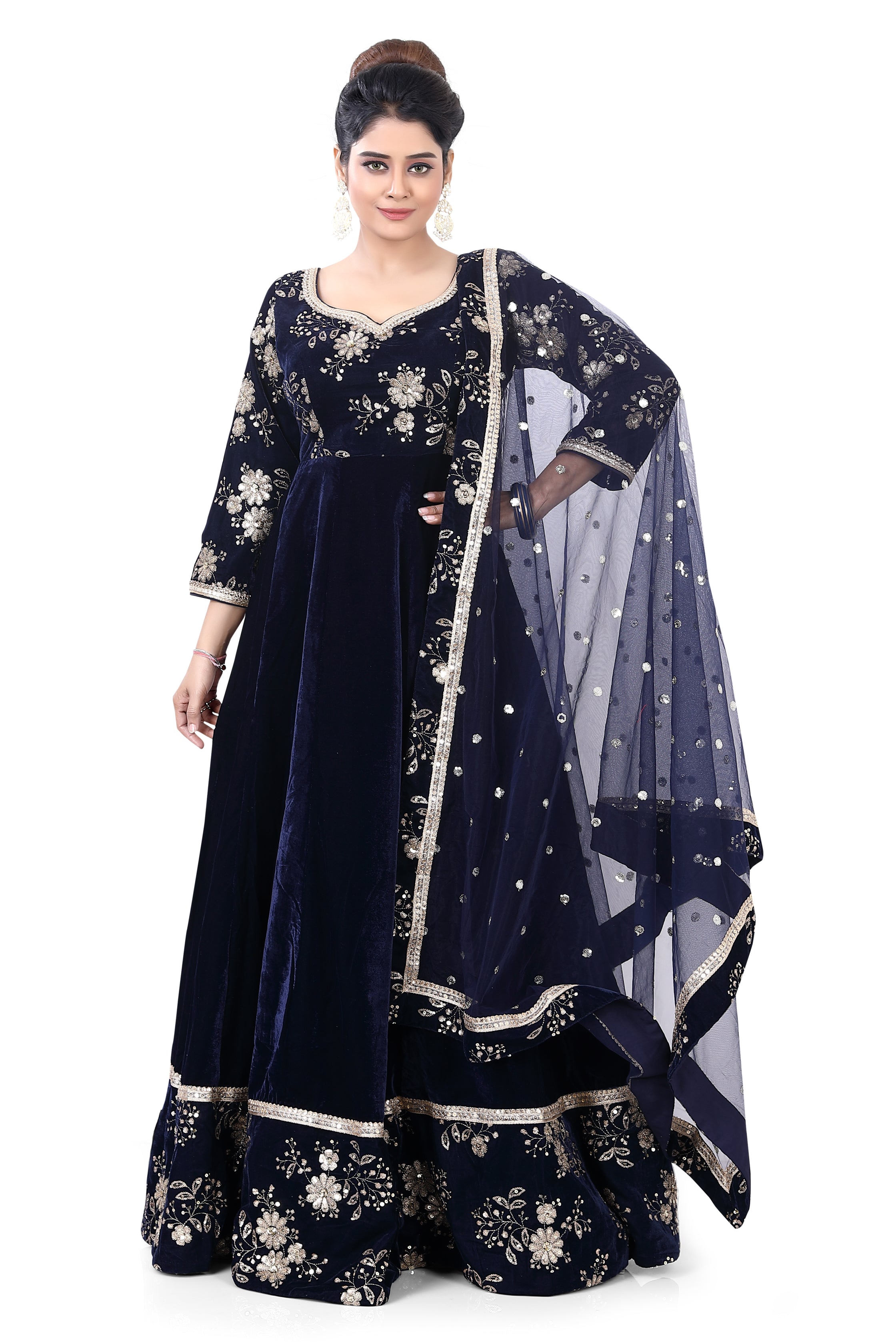 Navy Blue Embroidered Velvet Gown - Premium Partywear Gown from Dulhan Exclusives - Just $289! Shop now at Dulhan Exclusives
