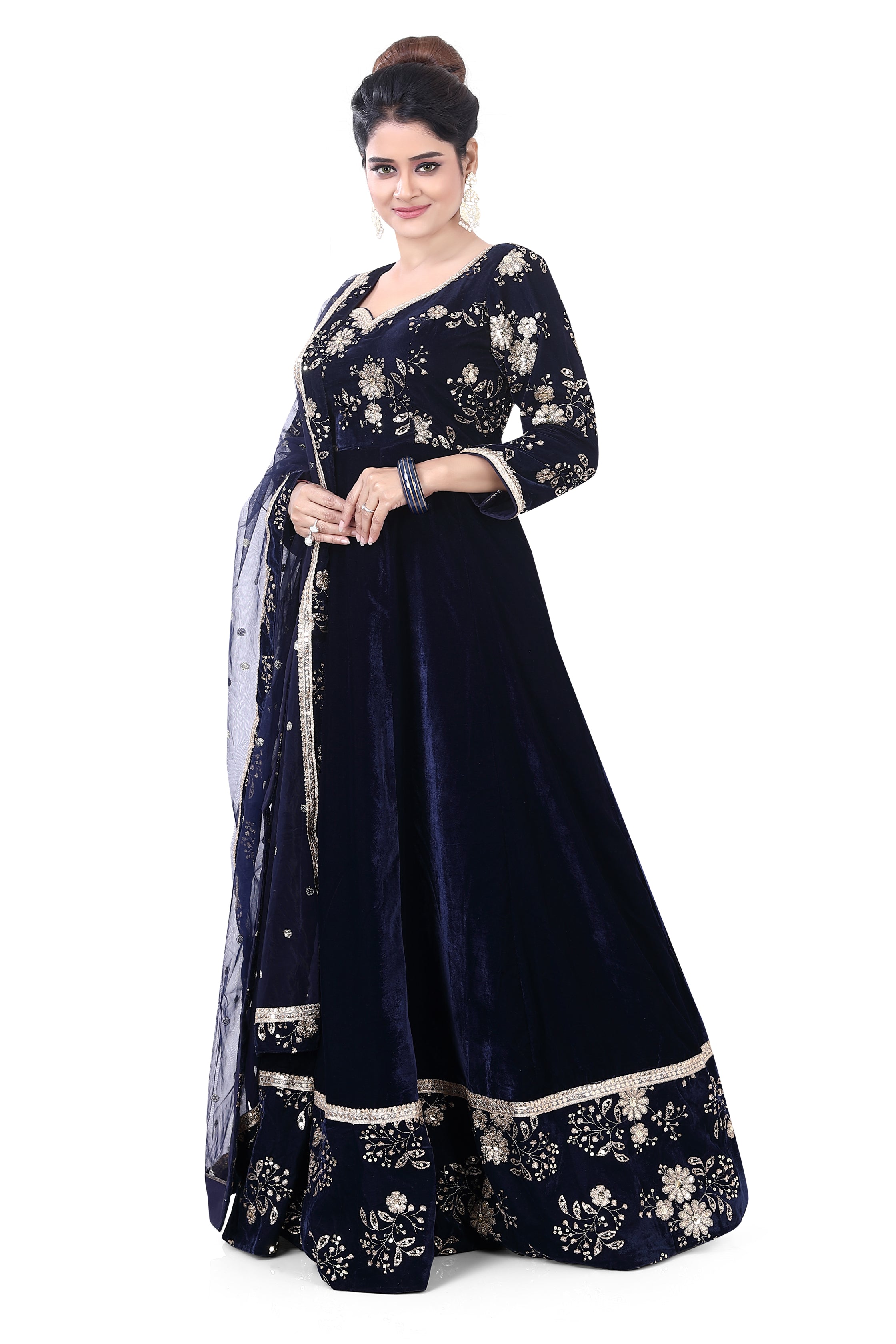 Navy Blue Embroidered Velvet Gown - Premium Partywear Gown from Dulhan Exclusives - Just $289! Shop now at Dulhan Exclusives