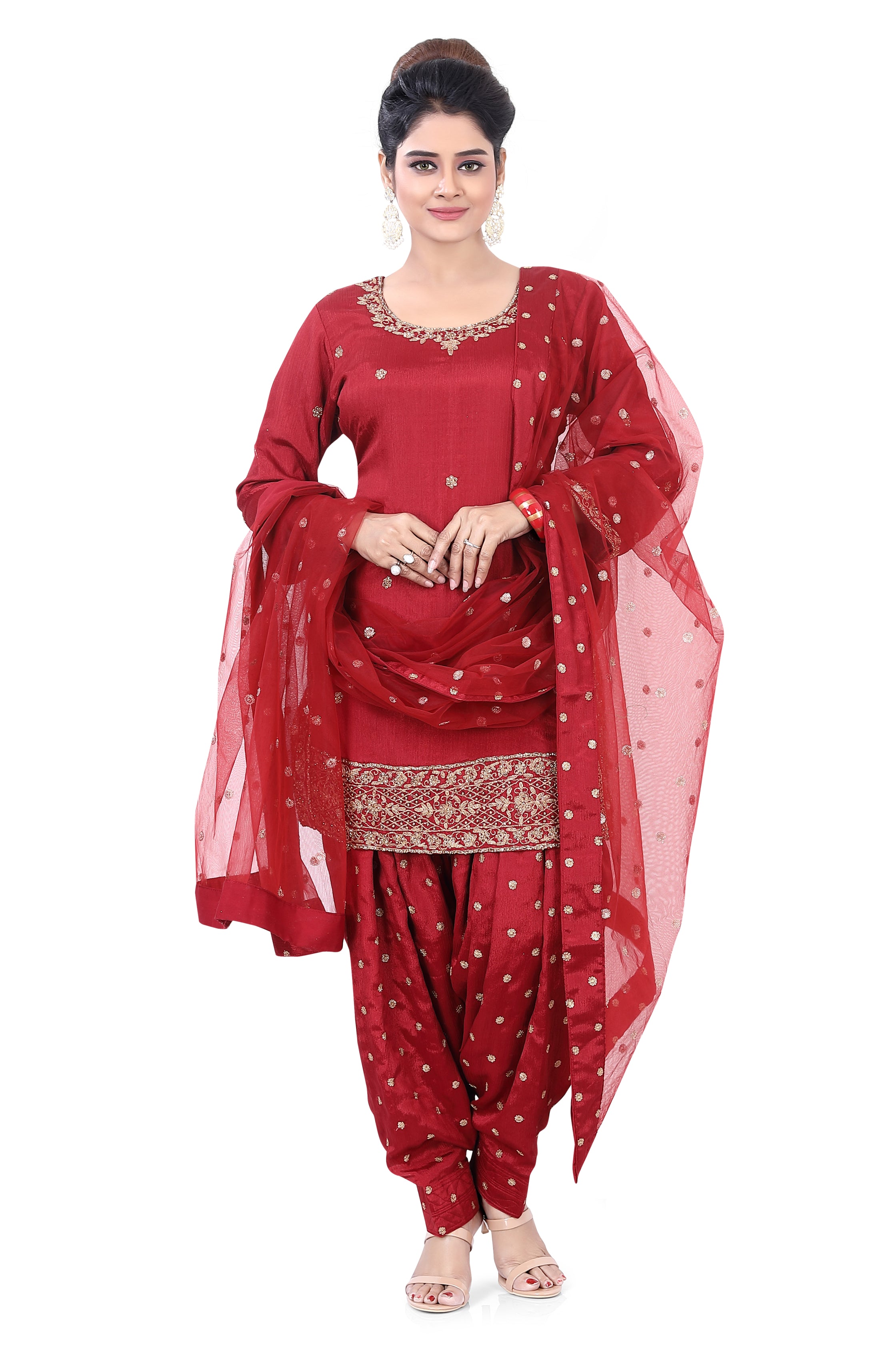 Maroon Chinon Dhoti Suit