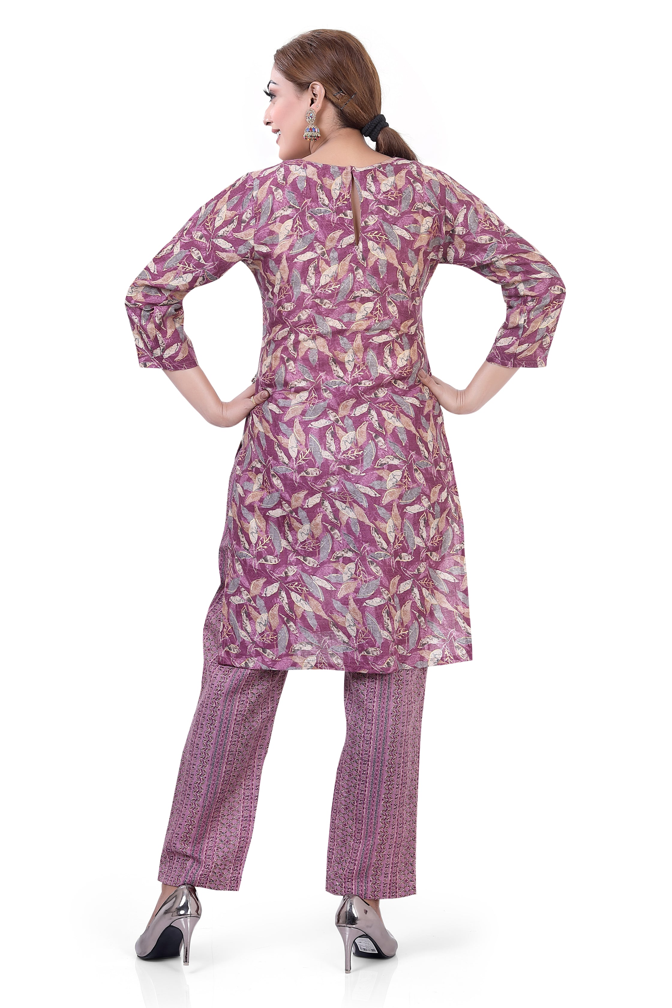 Purple Colour Printed Cotton Kurti Pant Set