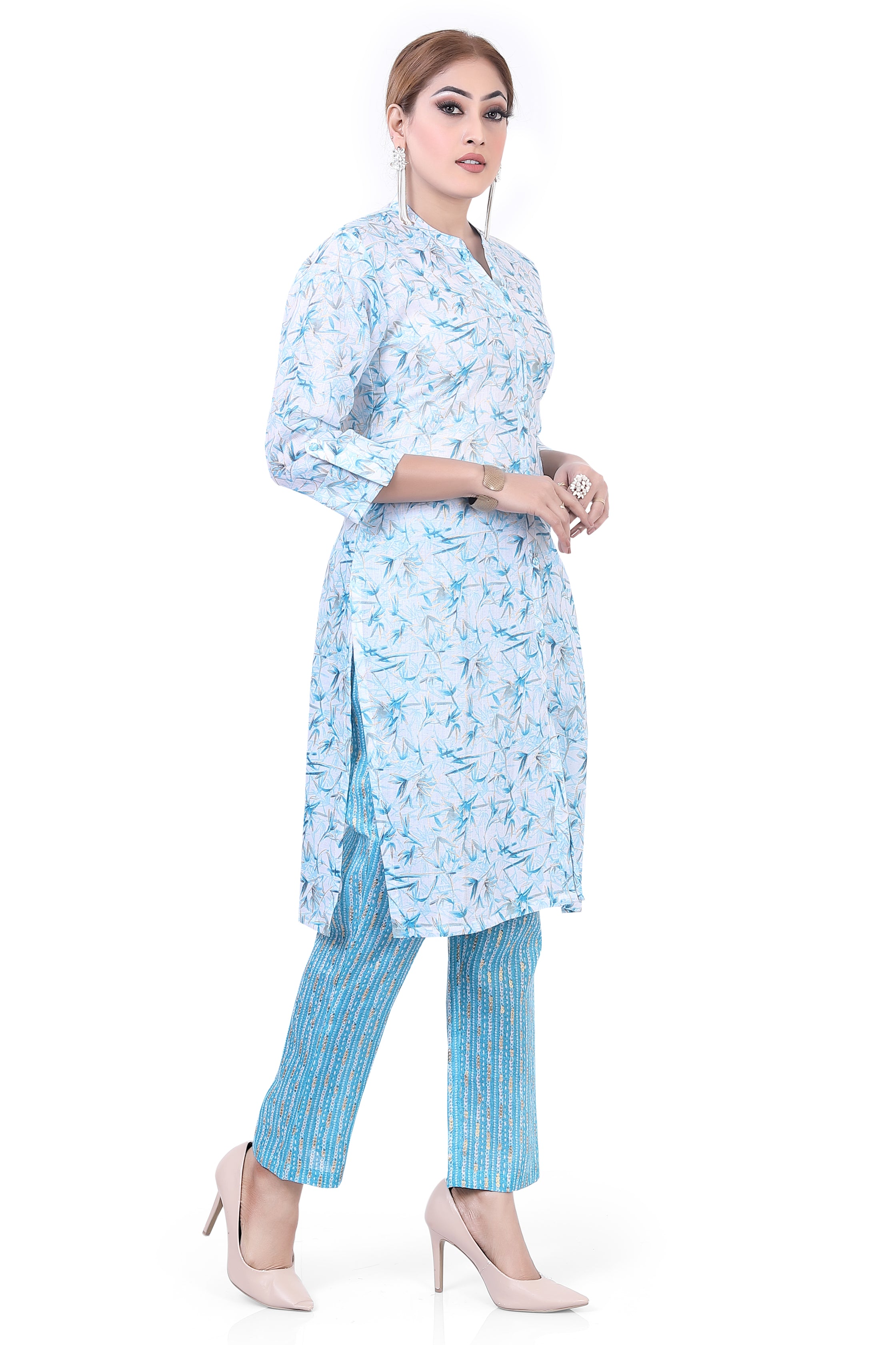 Light Blue Colour Printed Cotton Kurti Pant Set
